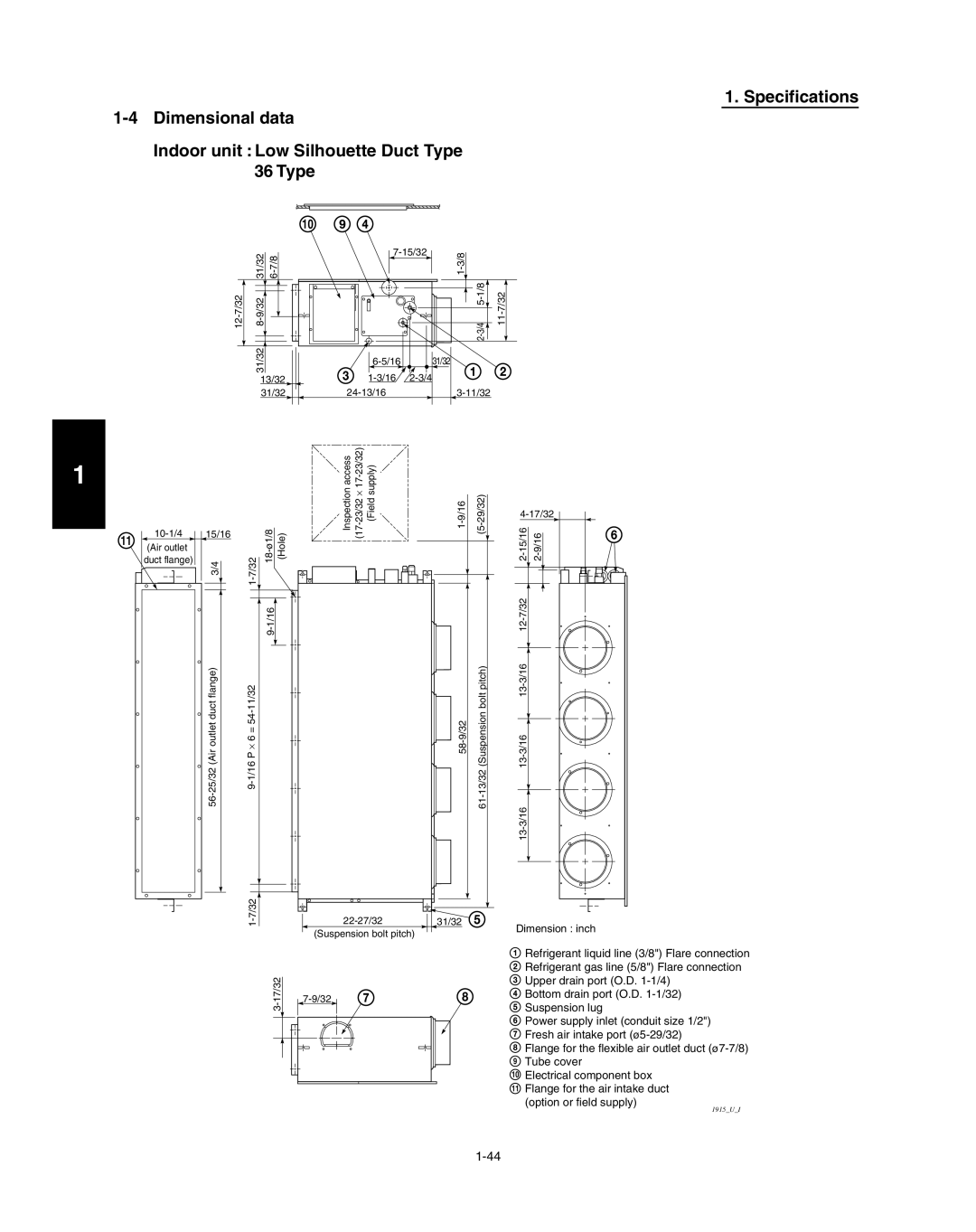Panasonic R410A service manual Indoor unit : Low Silhouette Duct Type 36 Type, Specifications 1-4Dimensional data 