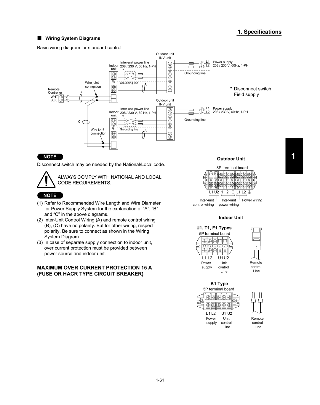 Panasonic R410A service manual Specifications, Wiring System Diagrams, Outdoor Unit, Indoor Unit U1, T1, F1 Types, K1 Type 