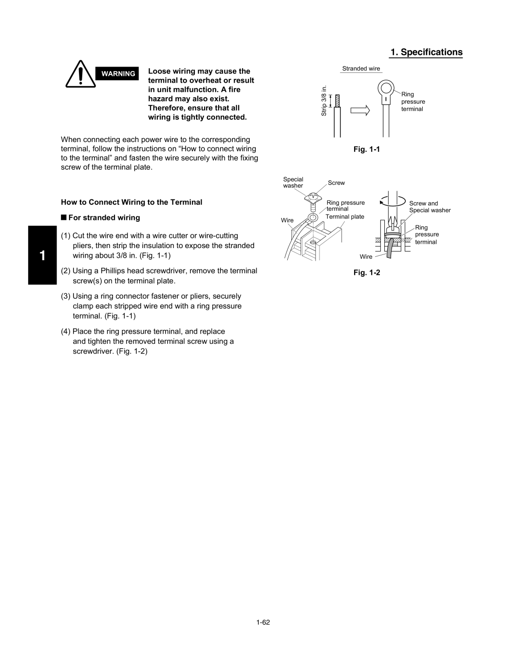Panasonic R410A service manual Specifications, How to Connect Wiring to the Terminal, For stranded wiring, Fig 