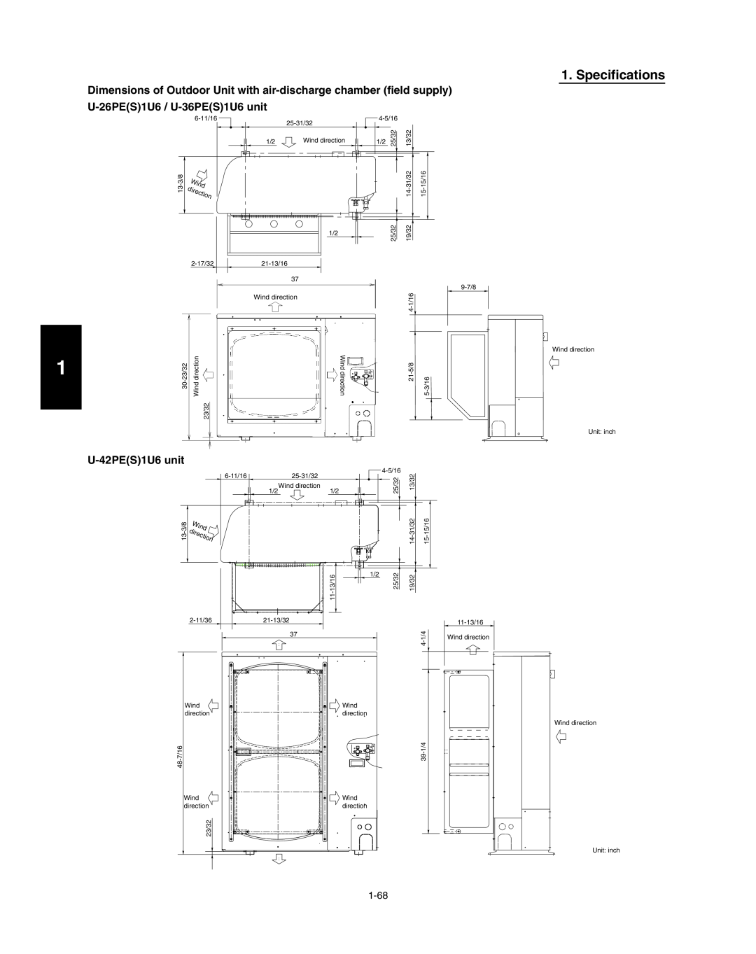 Panasonic R410A service manual Specifications, U-42PES1U6unit, Wind, direction 