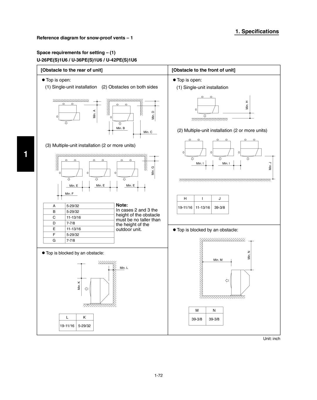Panasonic R410A service manual Specifications, Reference diagram for snow-proofvents, Space requirements for setting 