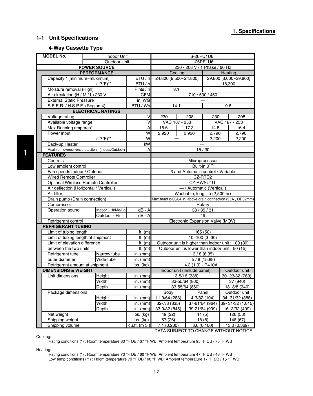 Panasonic R410A service manual Specifications 1-1Unit Specifications, WayCassette Type, MODEL No, Power Source, Features 