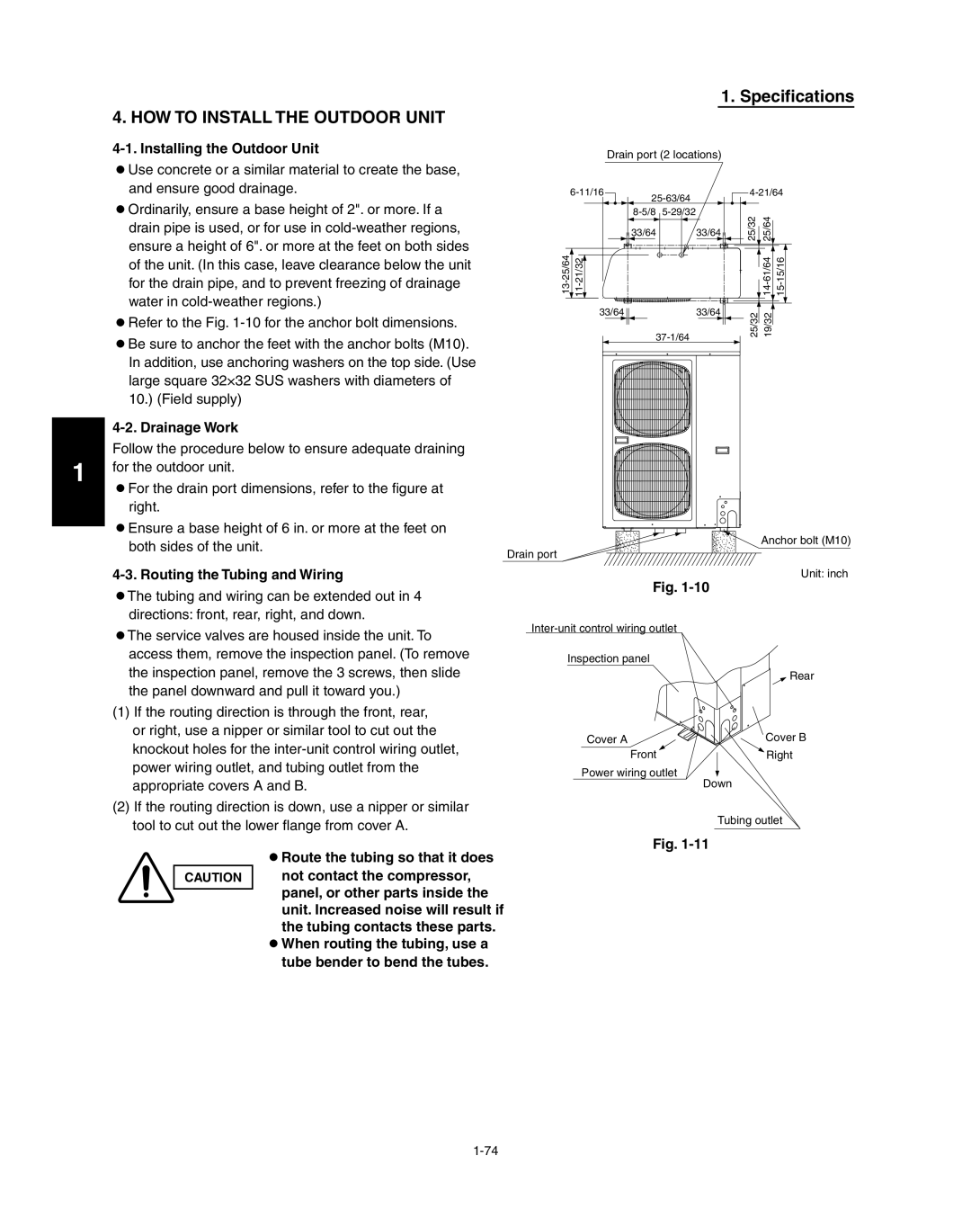 Panasonic R410A How To Install The Outdoor Unit, Specifications, Installing the Outdoor Unit, Drainage Work, Fig 