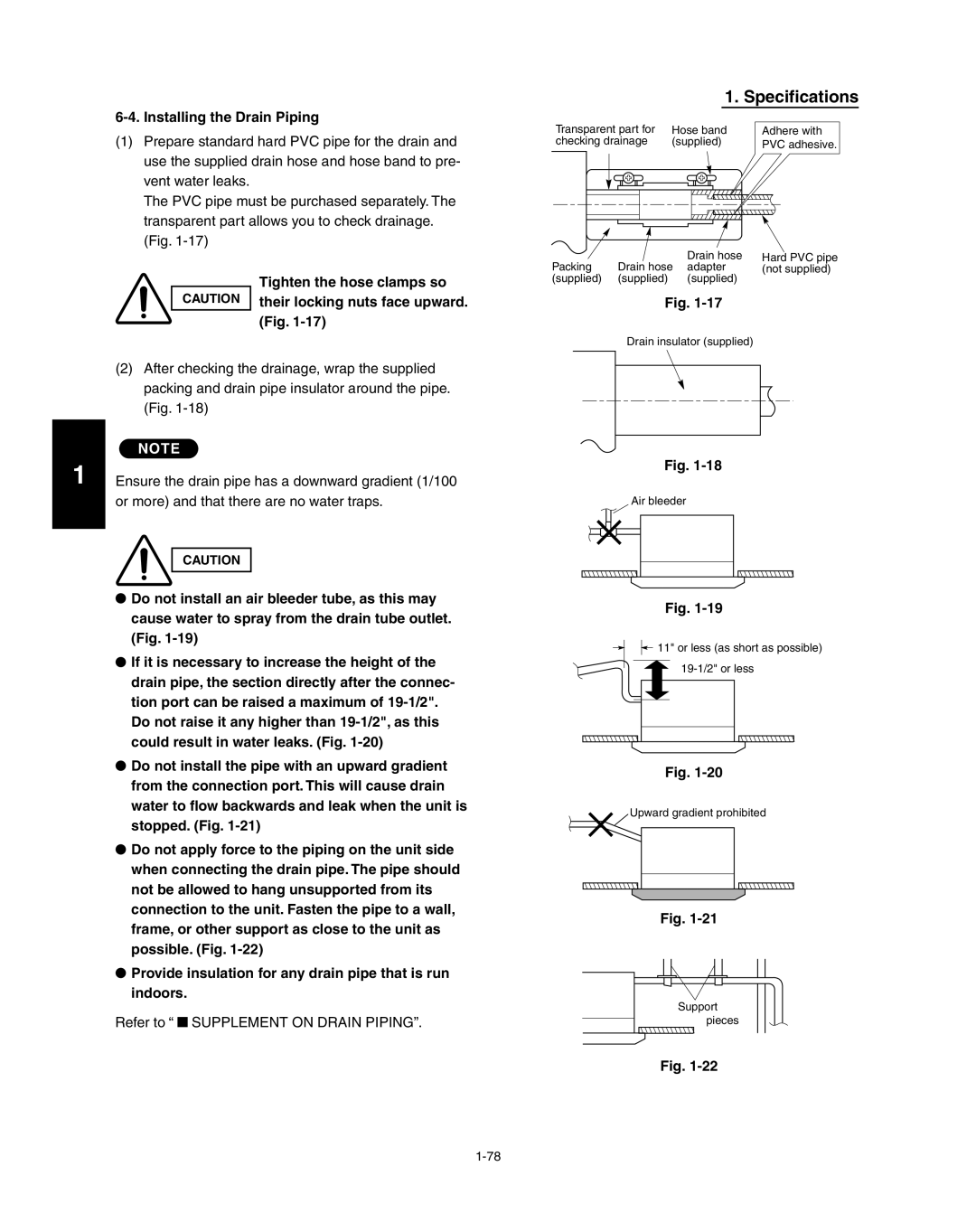 Panasonic R410A service manual Specifications, Installing the Drain Piping, Fig 