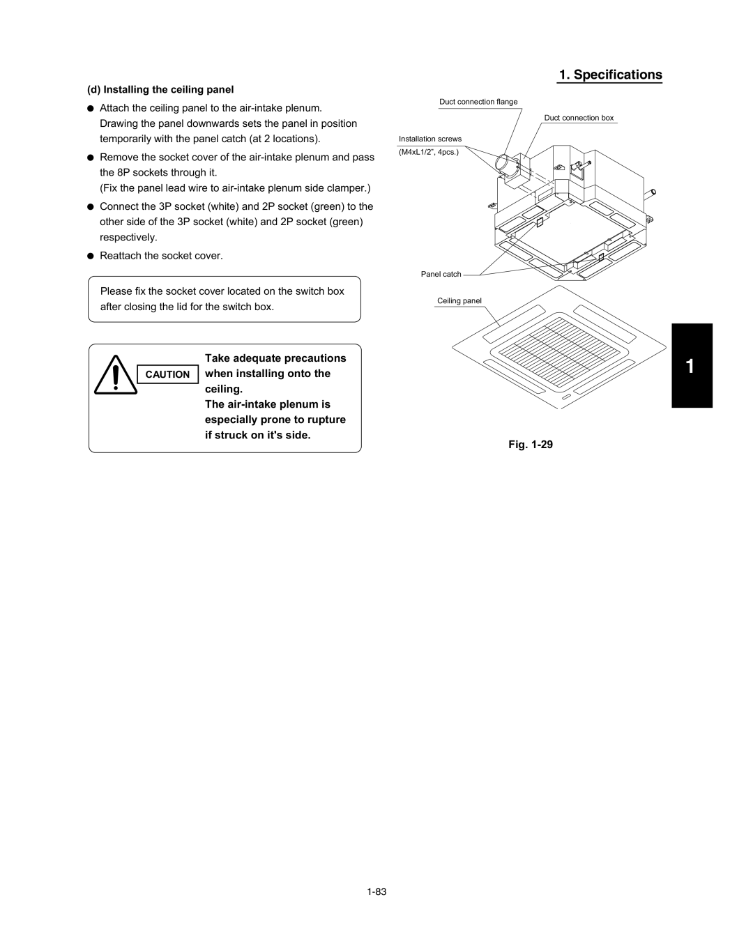 Panasonic R410A service manual Specifications, d Installing the ceiling panel, Fig 