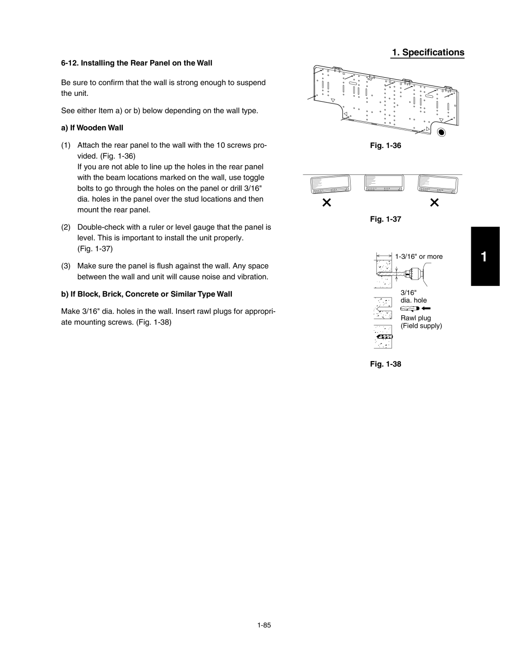 Panasonic R410A service manual Specifications, Installing the Rear Panel on the Wall, a If Wooden Wall, Fig. Fig 