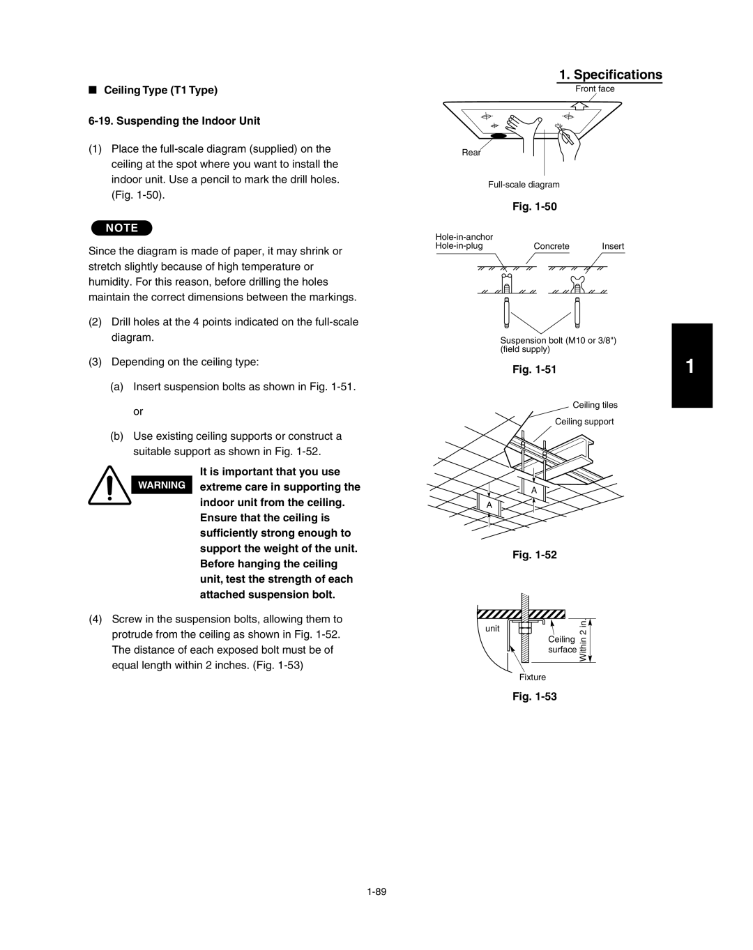 Panasonic R410A service manual Specifications, Ceiling Type T1 Type, Suspending the Indoor Unit, Fig 