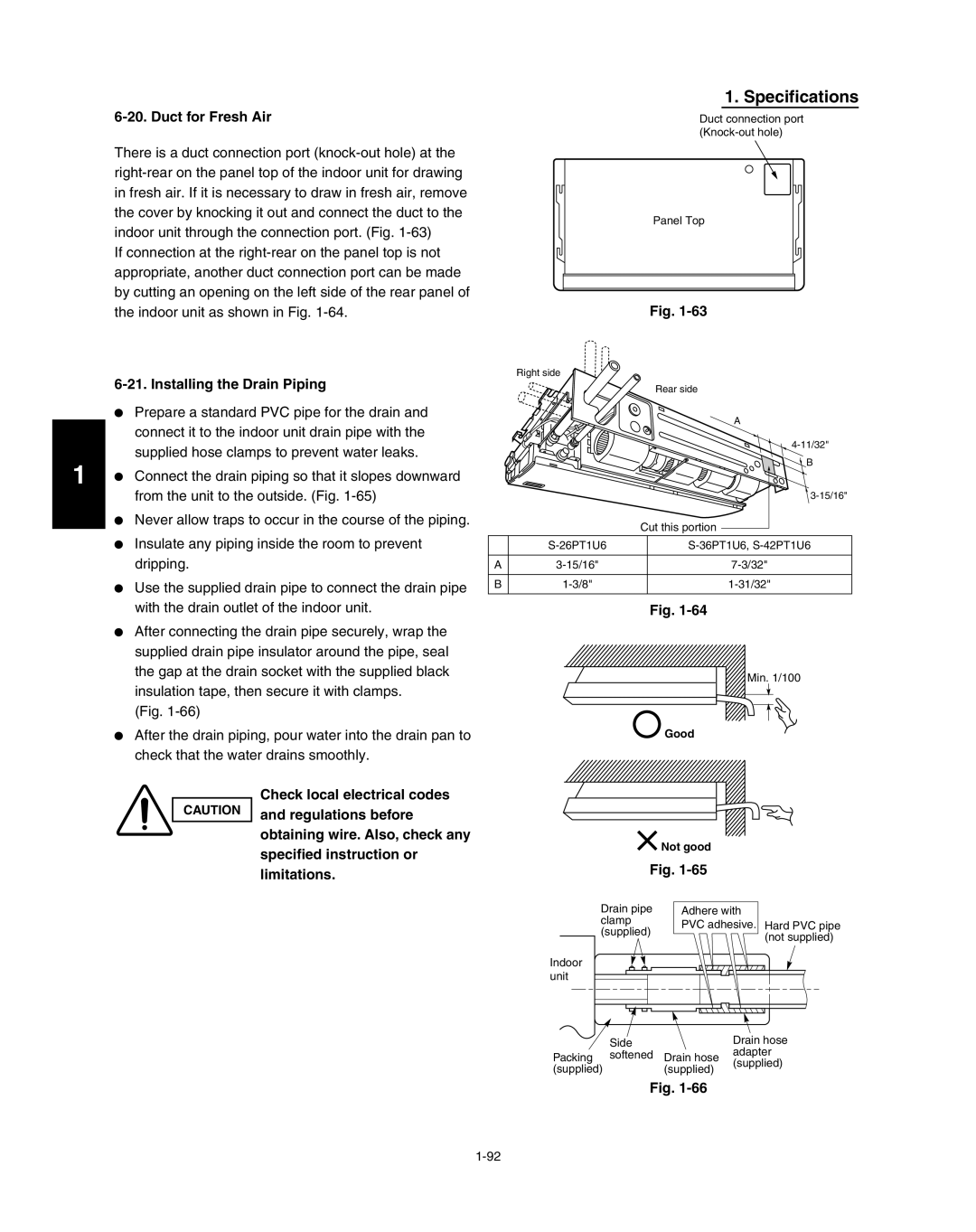 Panasonic R410A service manual Specifications, Duct for Fresh Air, Installing the Drain Piping, Fig 