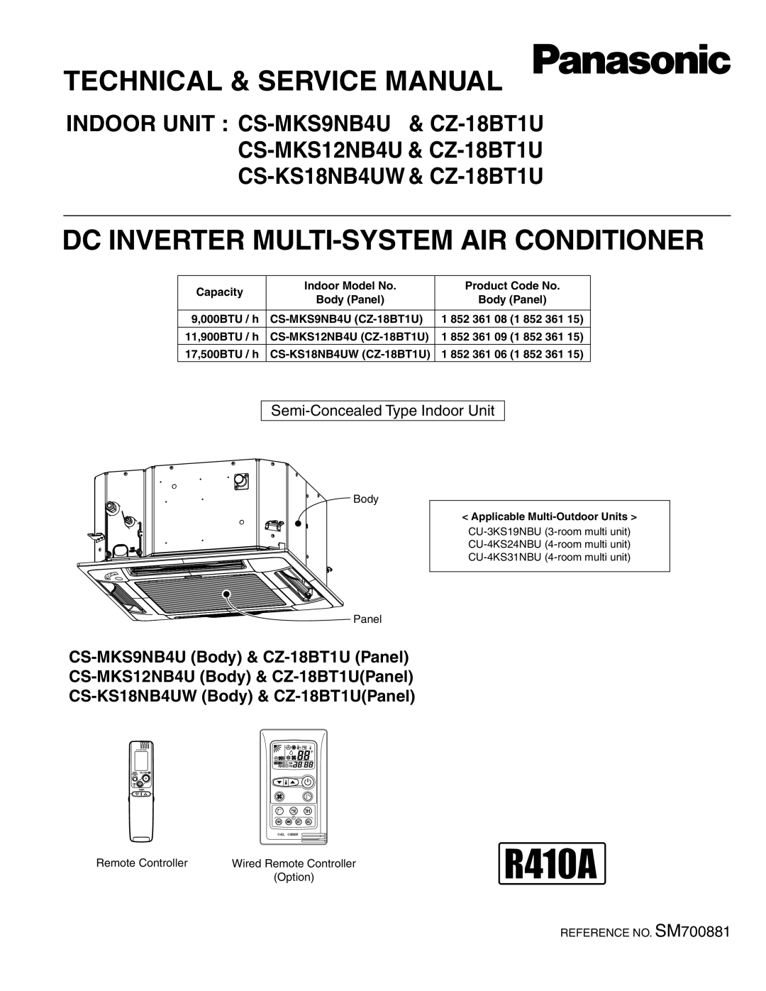 Panasonic R410A service manual Technical Data & Service Manual, Model No, Outdoor Units, Indoor Units 
