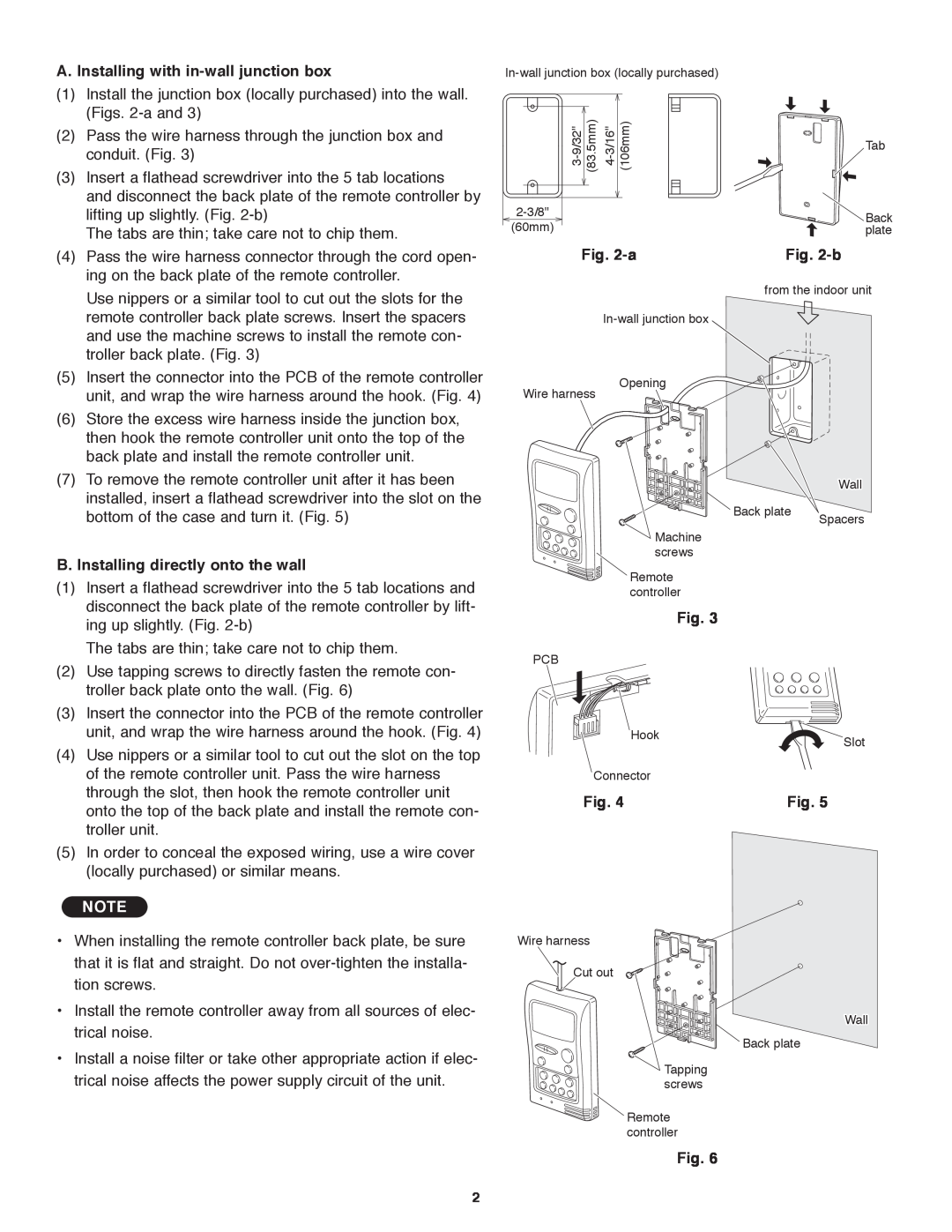 Panasonic R410A service manual A. Installing with in-walljunction box, B. Installing directly onto the wall, Fig 