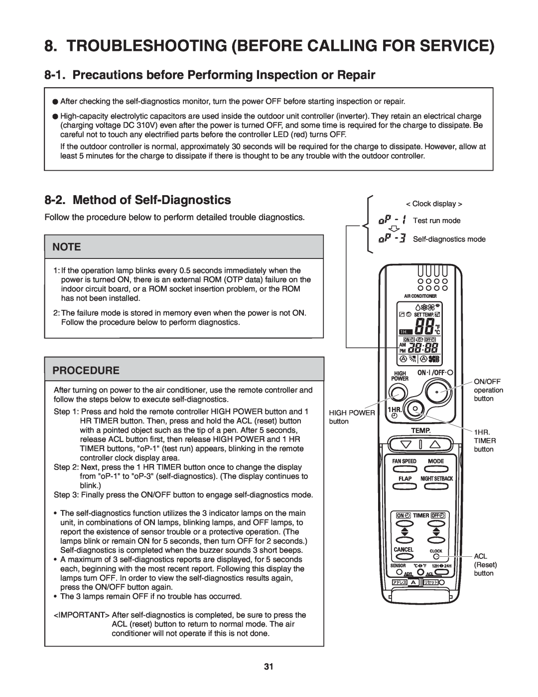 Panasonic R410A service manual Troubleshooting Before Calling For Service, Method of Self-Diagnostics, Procedure 
