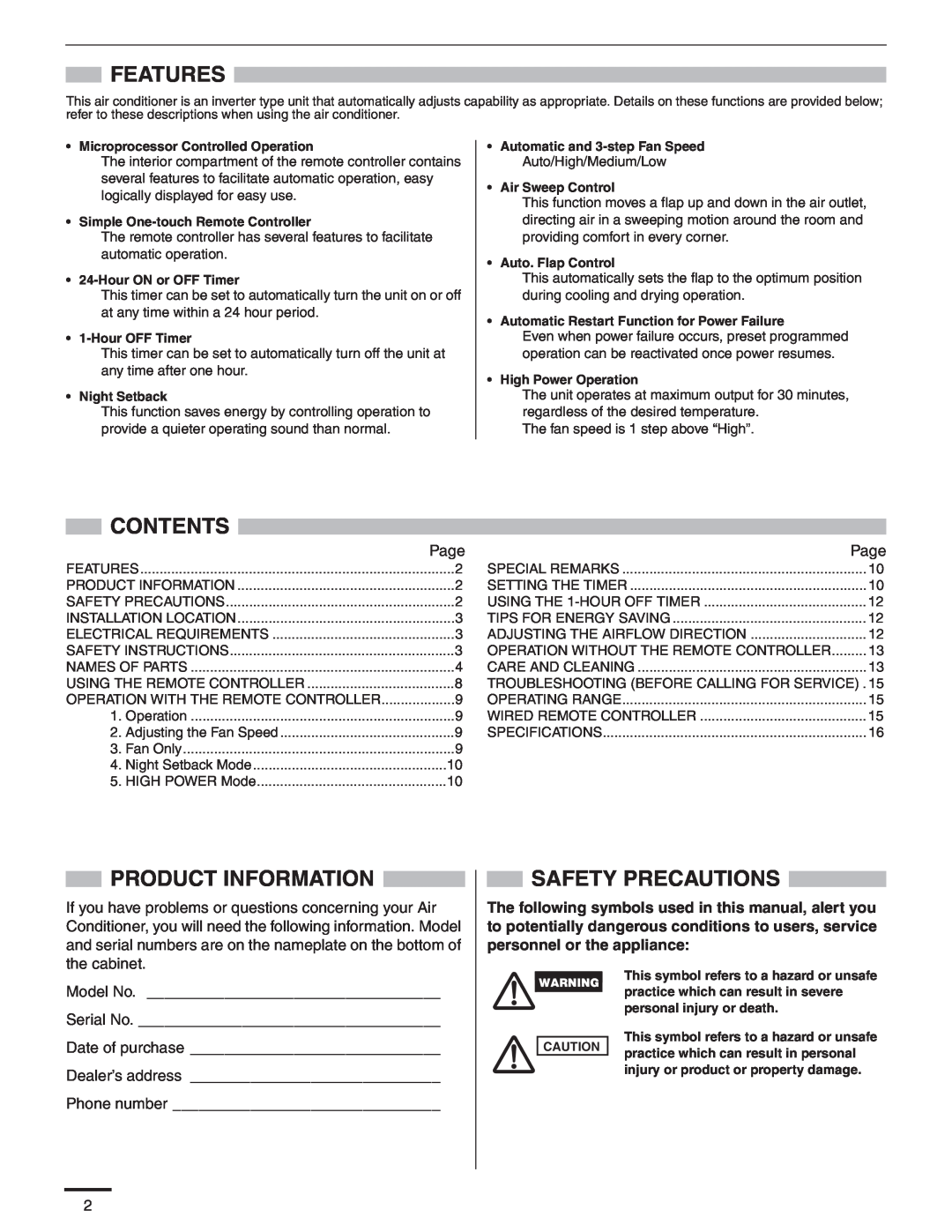 Panasonic R410A service manual Features, Contents, Product Information, Safety Precautions, Auto/High/Medium/Low 