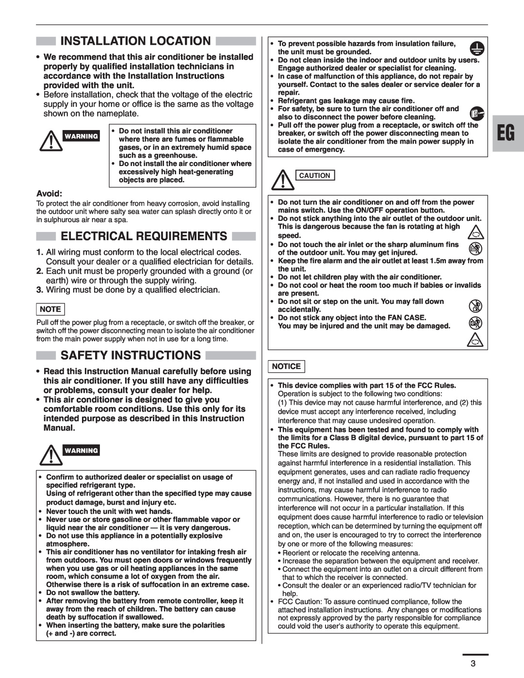 Panasonic R410A service manual Installation Location, Electrical Requirements, Safety Instructions, Avoid 