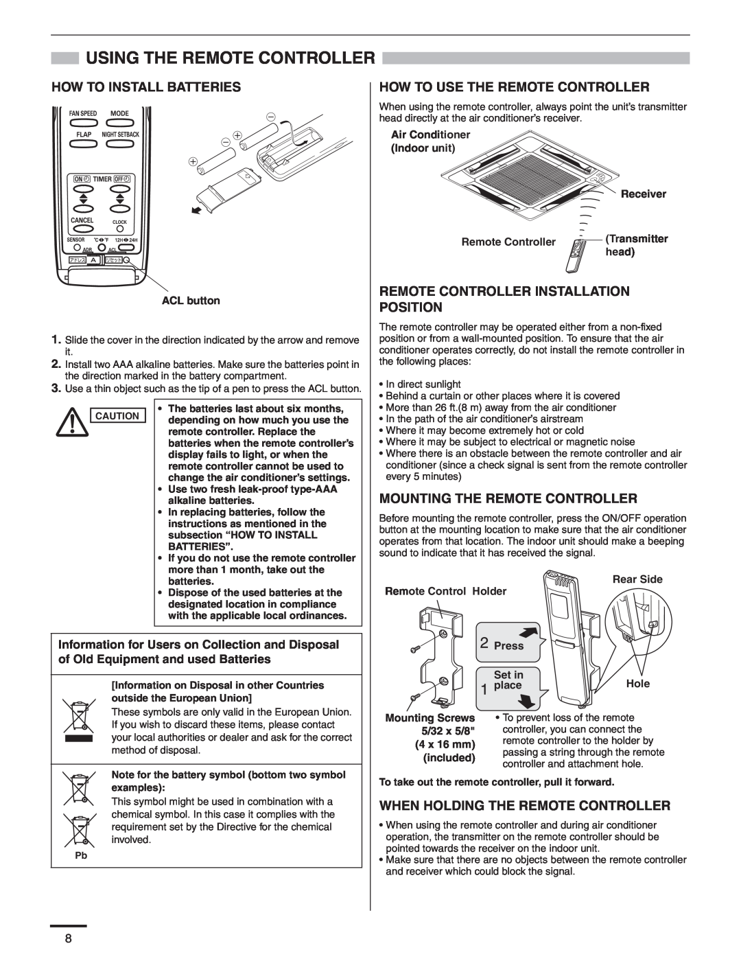 Panasonic R410A service manual Using The Remote Controller, How To Install Batteries, How To Use The Remote Controller 