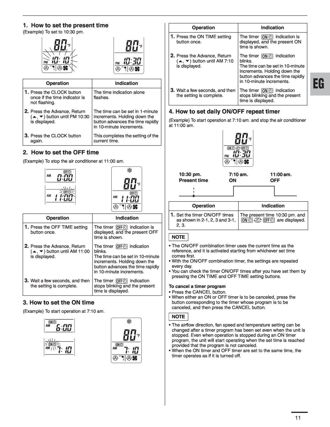 Panasonic R410A service manual How to set the present time, How to set the OFF time, How to set the ON time 