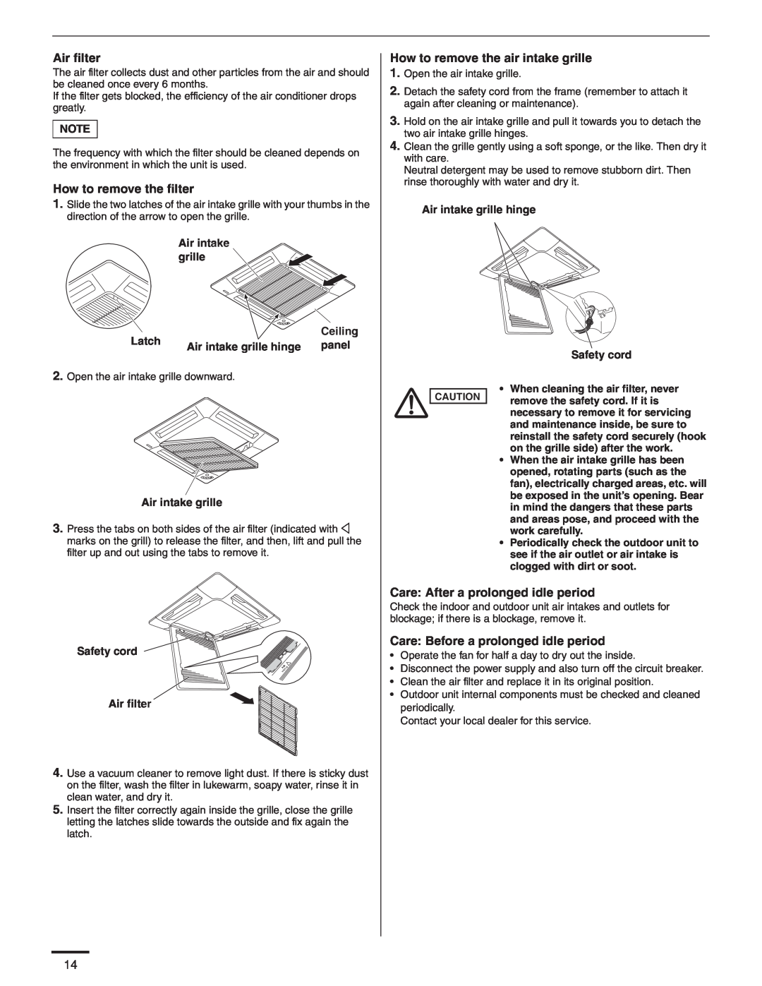 Panasonic R410A service manual Air filter, How to remove the filter, How to remove the air intake grille 