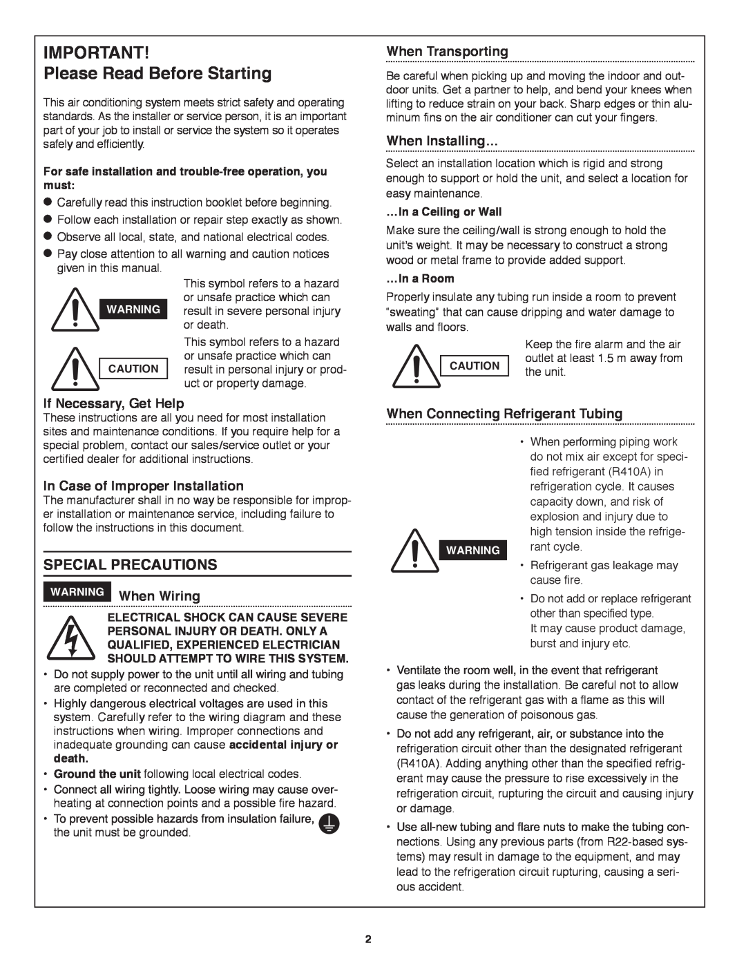 Panasonic R410A Please Read Before Starting, Special Precautions, If Necessary, Get Help, In Case of Improper Installation 