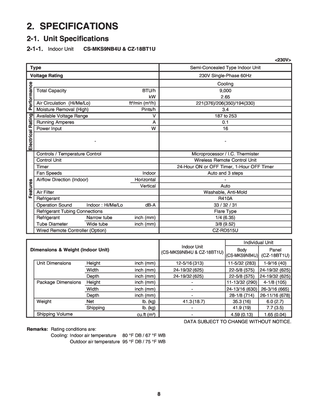 Panasonic R410A service manual Unit Specifications, Indoor Unit CS-MKS9NB4U& CZ-18BT1U 