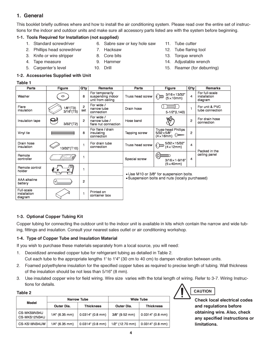 Panasonic R410A service manual General, Tools Required for Installation not supplied, Accessories Supplied with Unit Table 