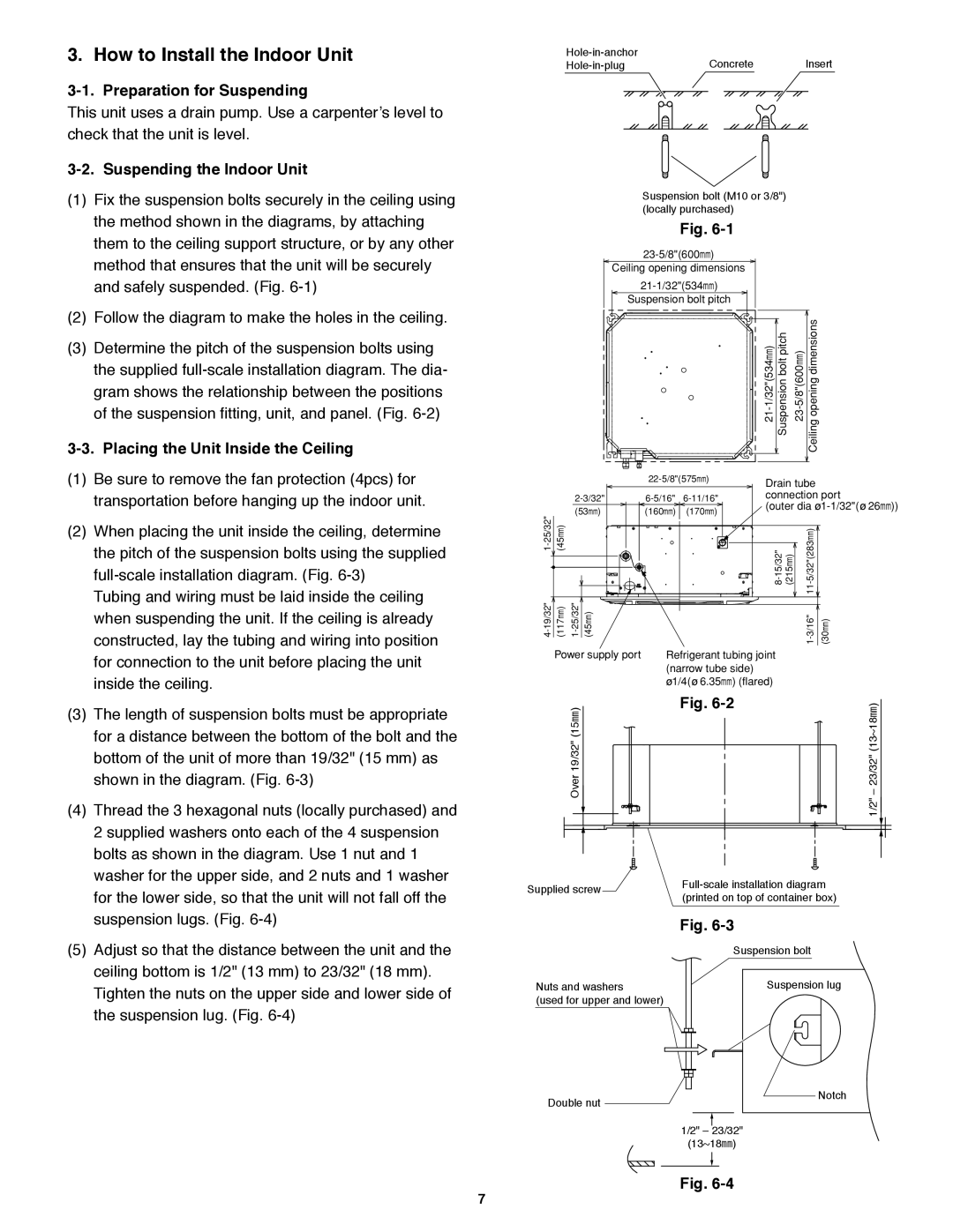 Panasonic R410A service manual How to Install the Indoor Unit, Preparation for Suspending, Suspending the Indoor Unit, Fig 