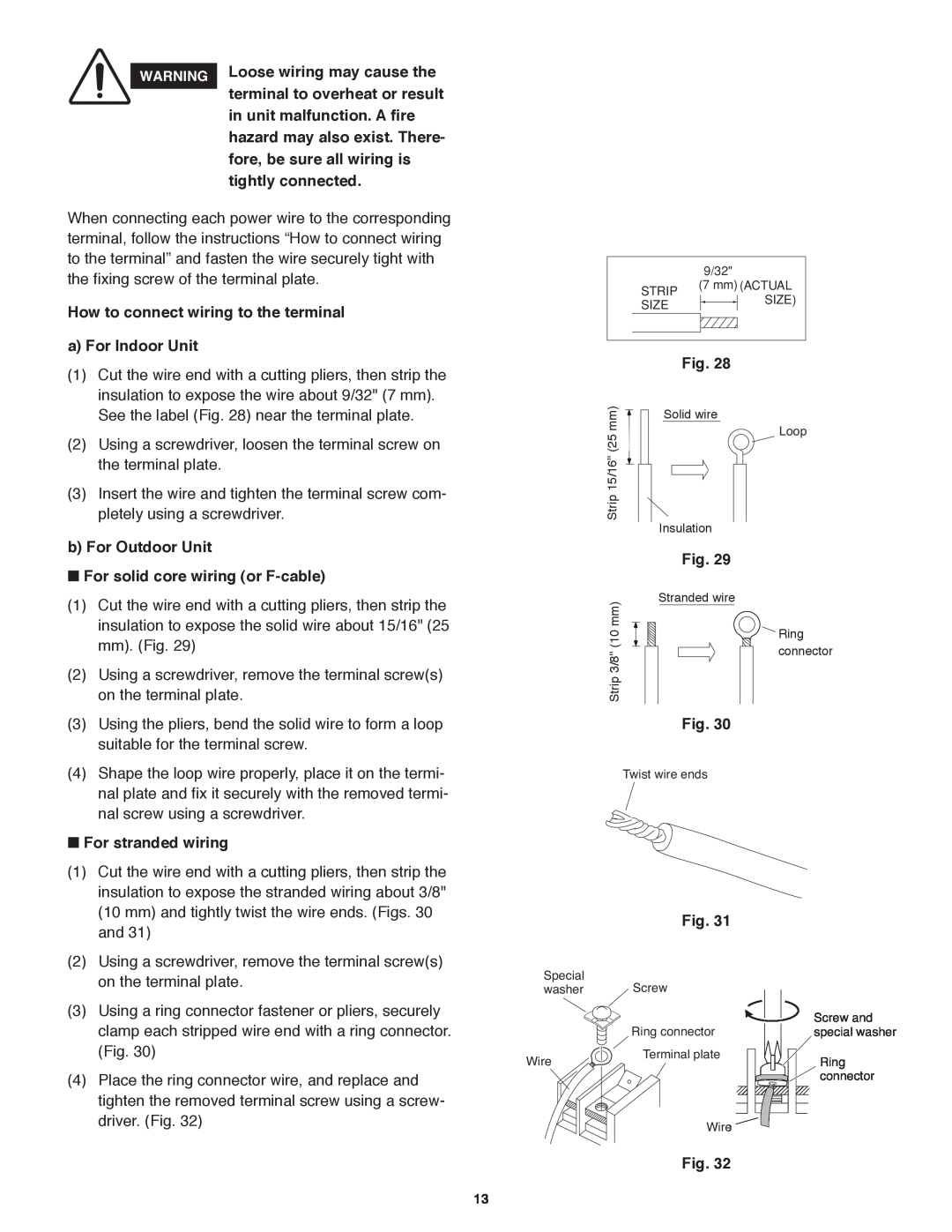 Panasonic R410A How to connect wiring to the terminal, a For Indoor Unit, b For Outdoor Unit, For stranded wiring, Fig 