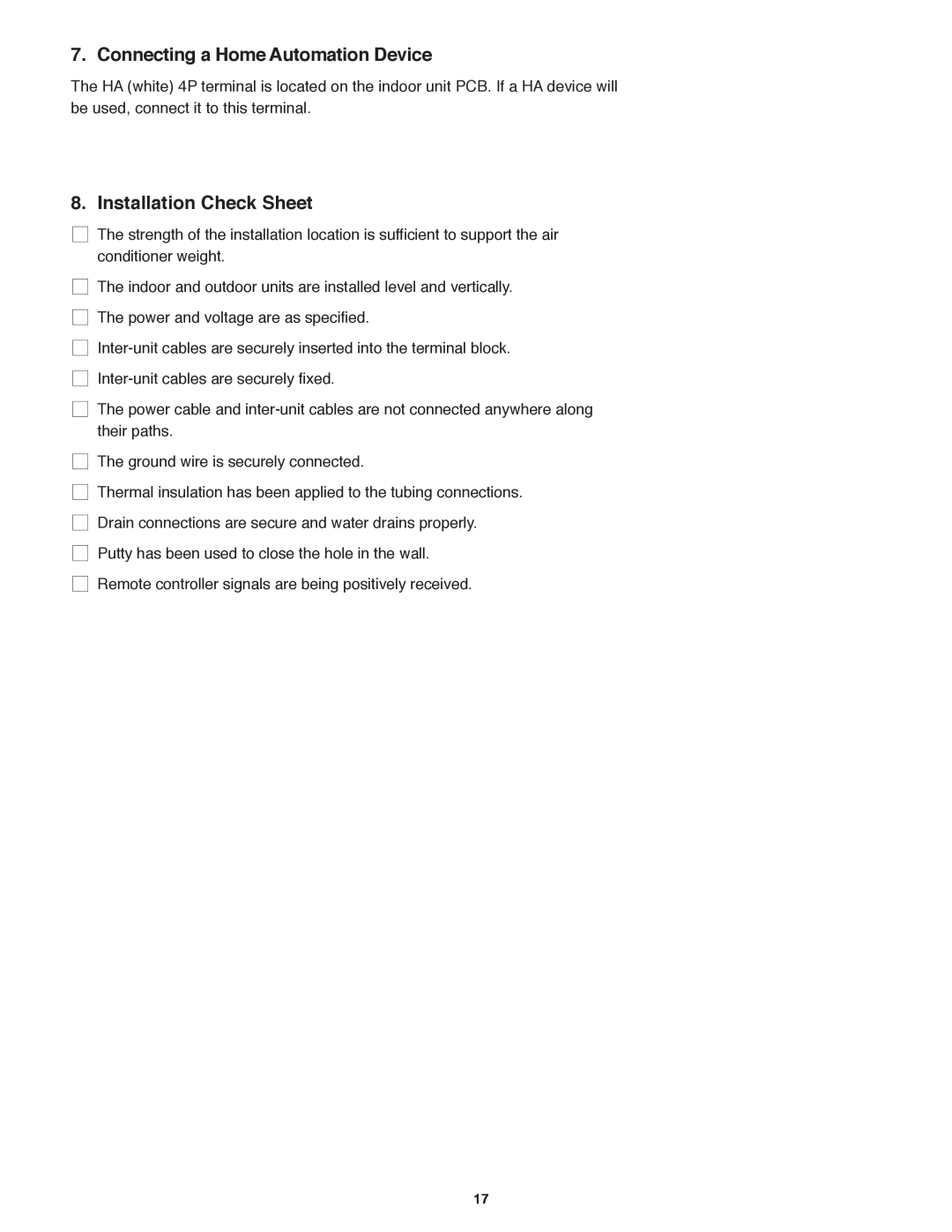 Panasonic R410A service manual Connecting a Home Automation Device, Installation Check Sheet 