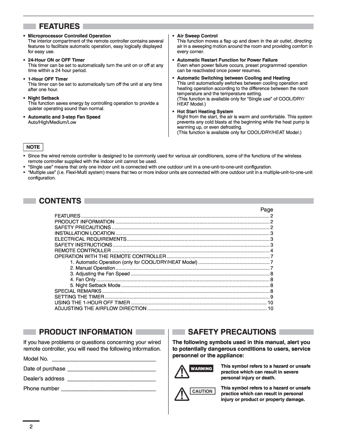 Panasonic R410A service manual Features, Contents, Product Information, Safety Precautions, Page, Model No, Phone number 