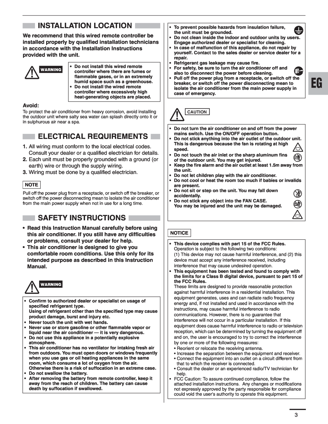 Panasonic R410A service manual Installation Location, Electrical Requirements, Safety Instructions, Avoid 