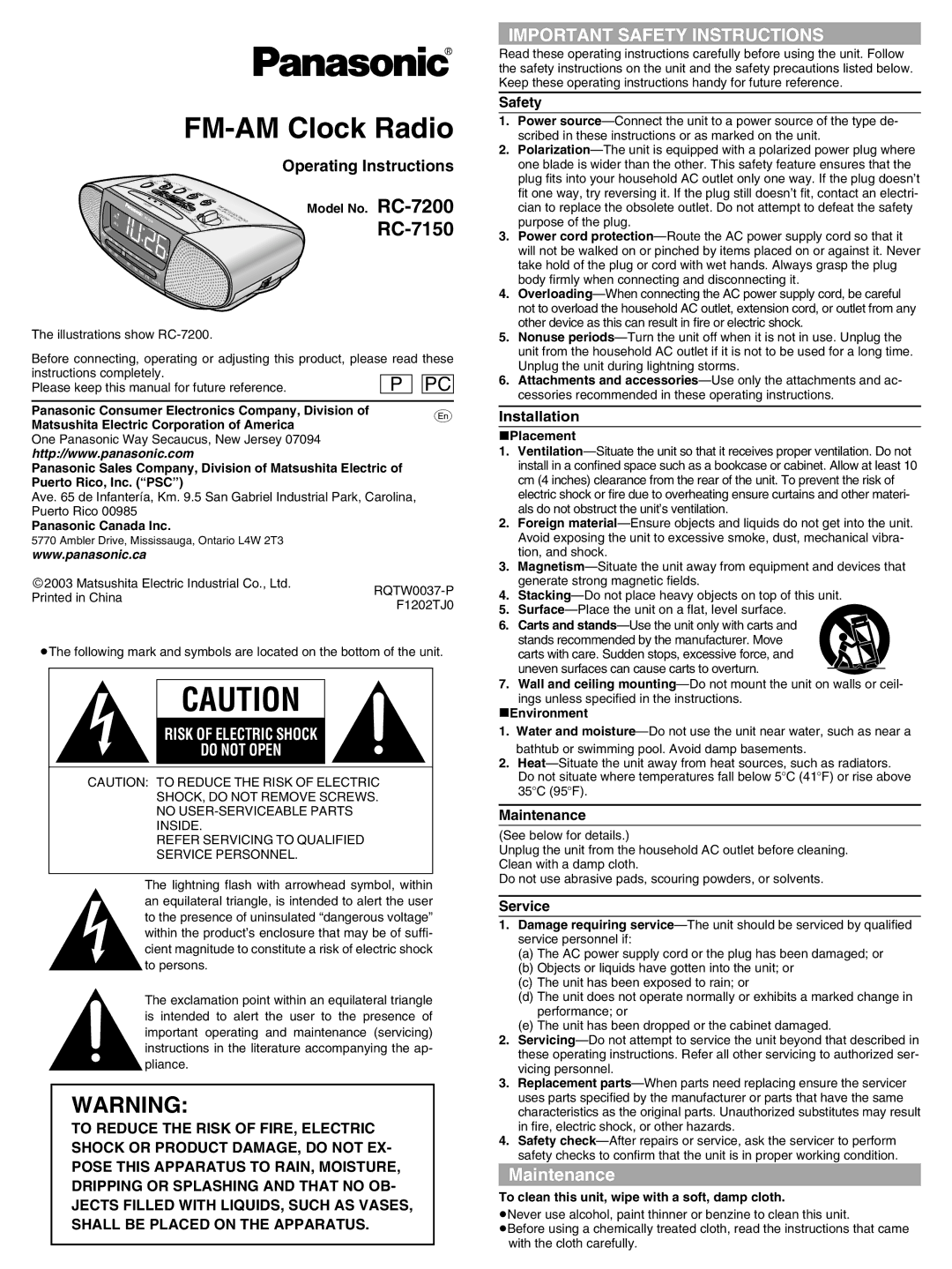 Panasonic RC-7200, RC-7150 operating instructions Maintenance 