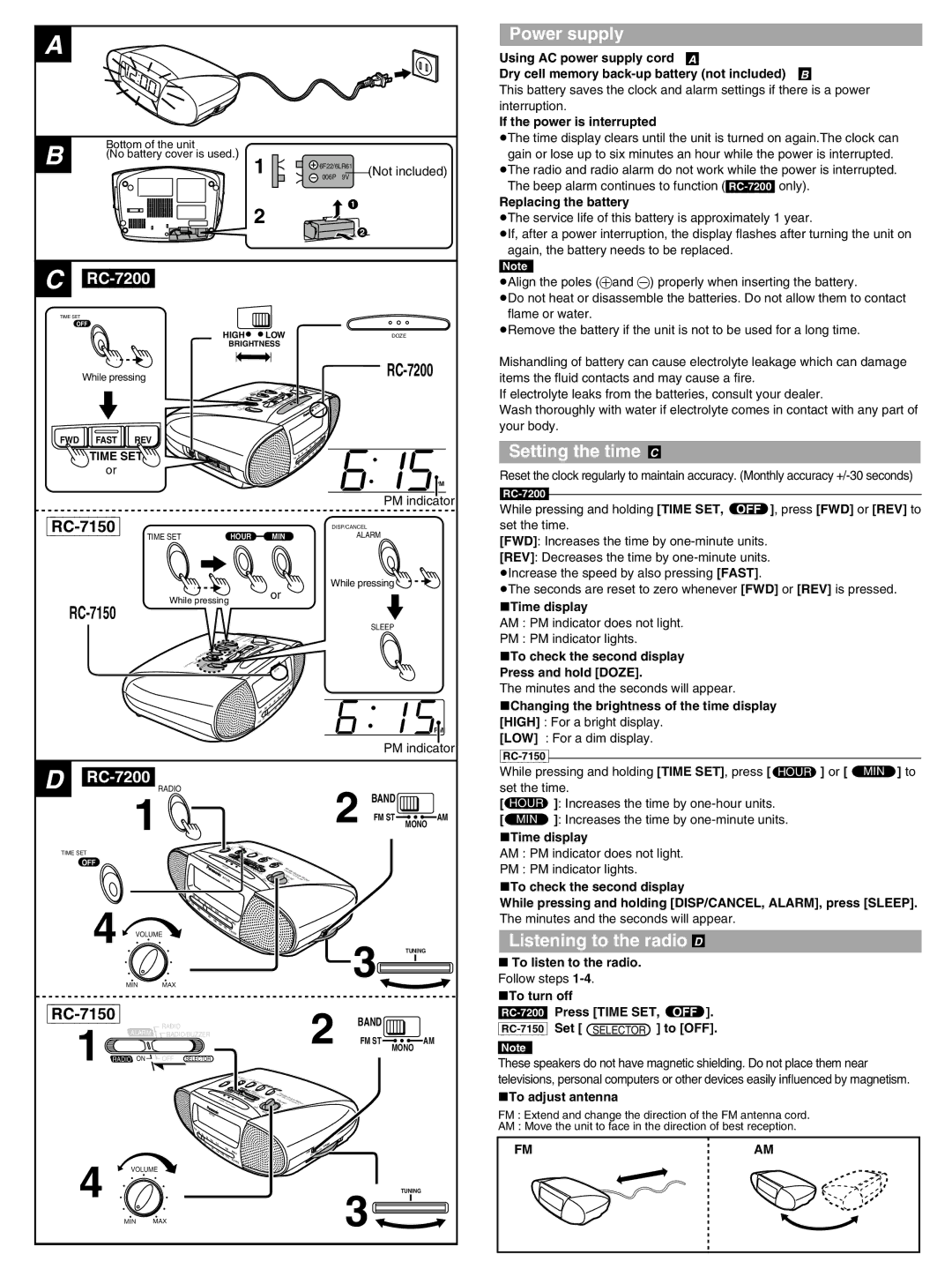 Panasonic RC-7200 operating instructions RC-7150, Power supply, Setting the time C, Listening to the radio D 