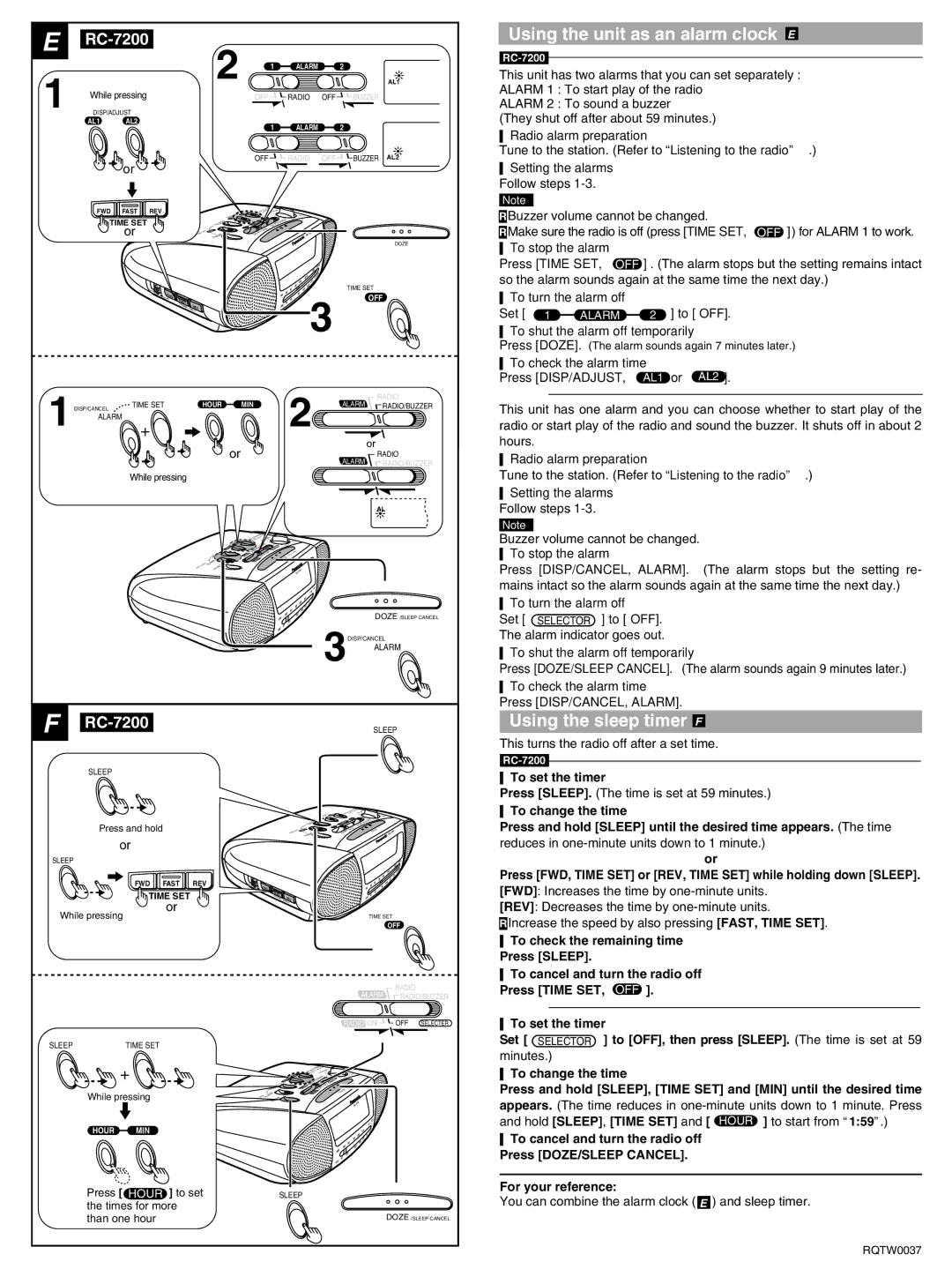 Panasonic RC-7150 operating instructions RC-7200, Using the unit as an alarm clock E, Using the sleep timer F 