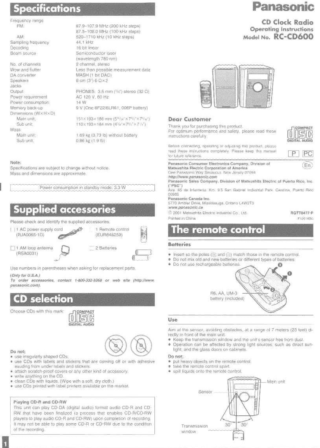 Panasonic RC-CD600 manual 