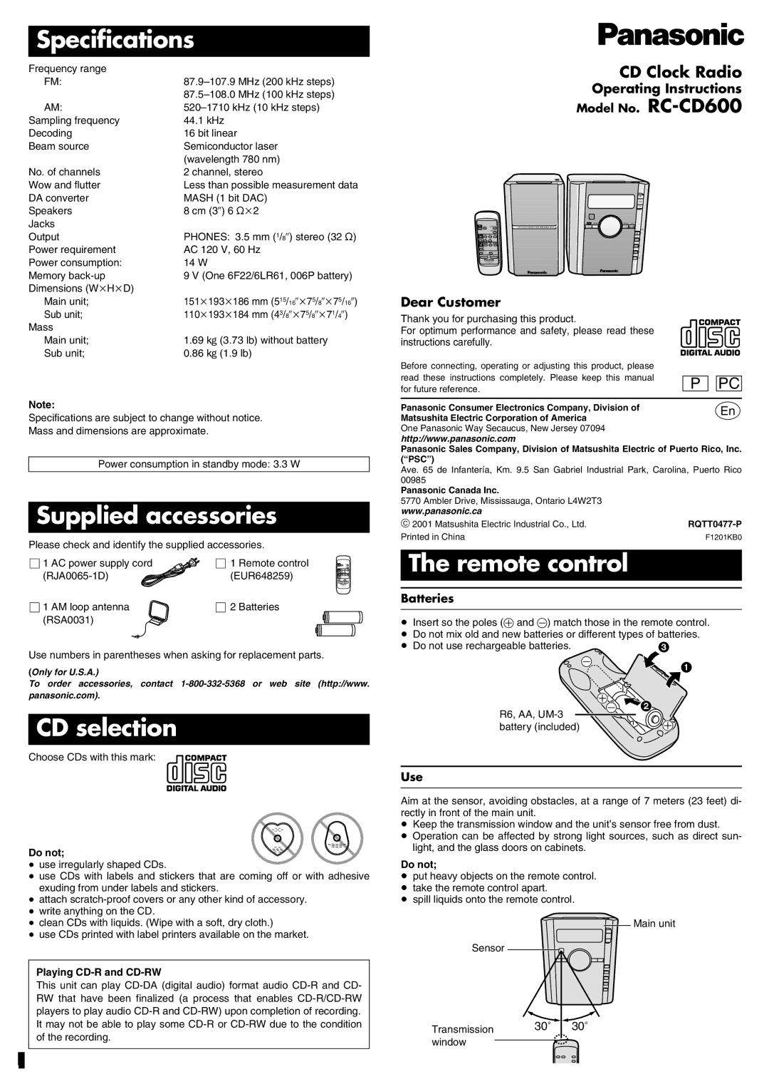 Panasonic RC-CD600 operating instructions Specifications, Supplied accessories, CD selection, Remote control 