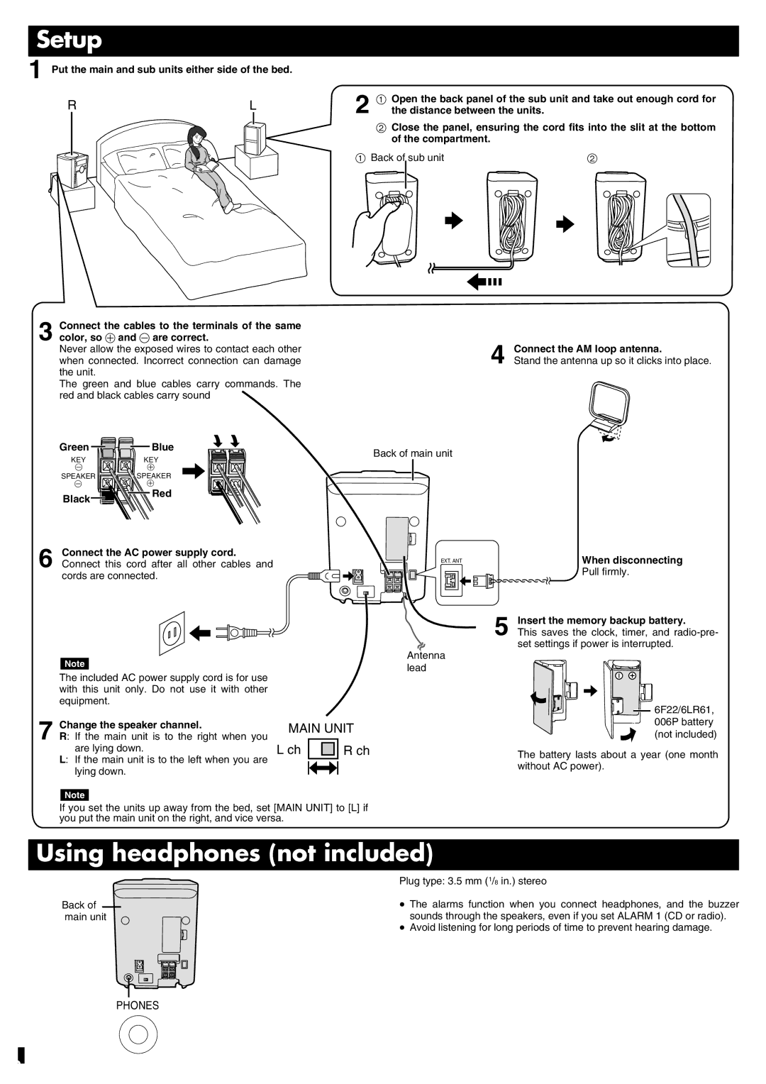 Panasonic RC-CD600 operating instructions Setup, Using headphones not included 