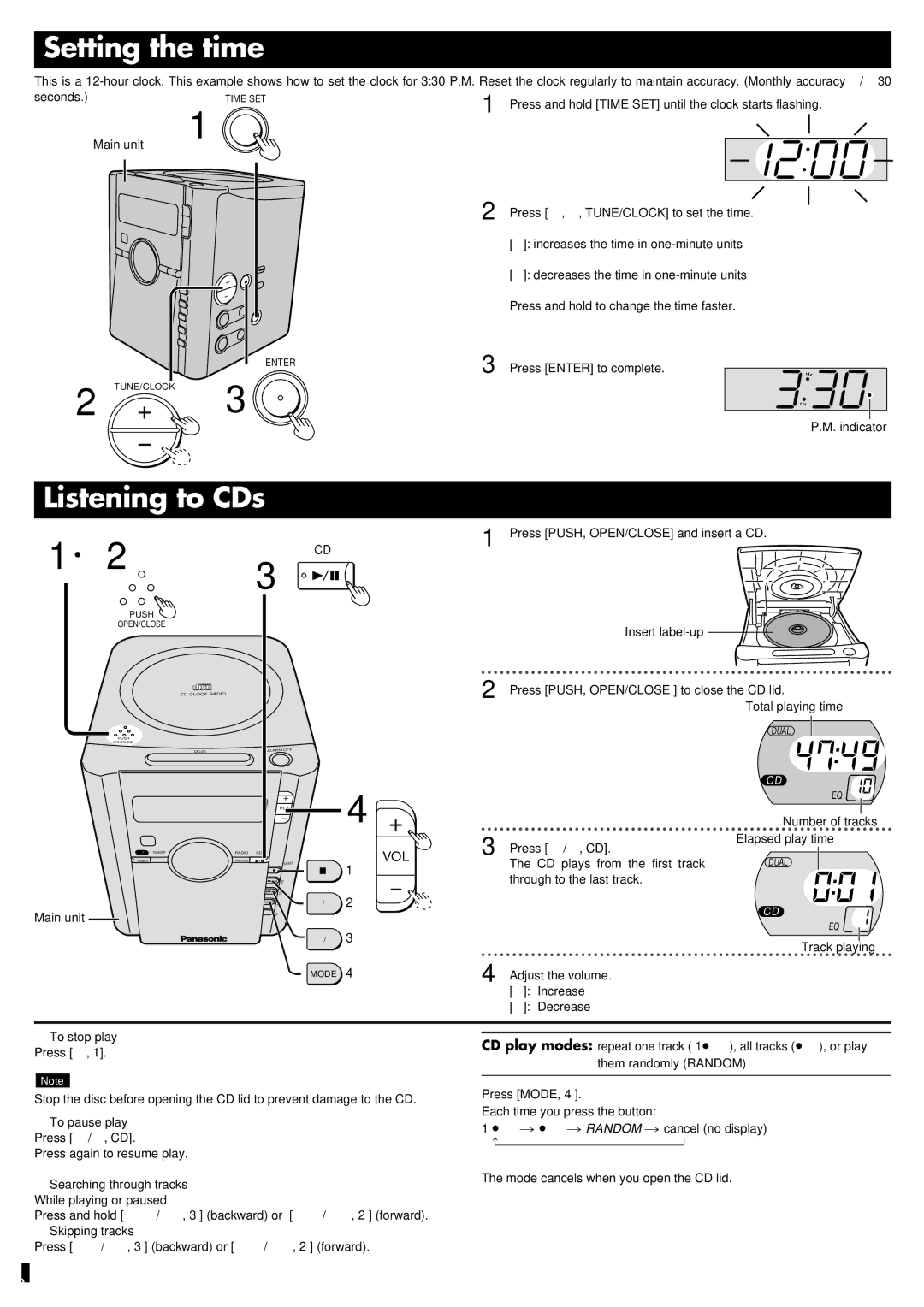 Panasonic RC-CD600 operating instructions Setting the time, Listening to CDs 