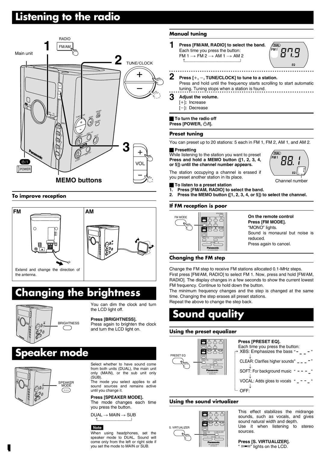 Panasonic RC-CD600 operating instructions Listening to the radio, Changing the brightness, Sound quality, Speaker mode 