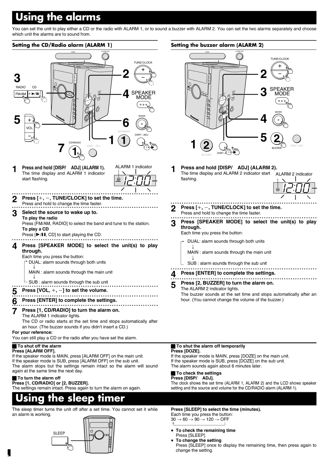 Panasonic RC-CD600 operating instructions Using the alarms, Using the sleep timer 