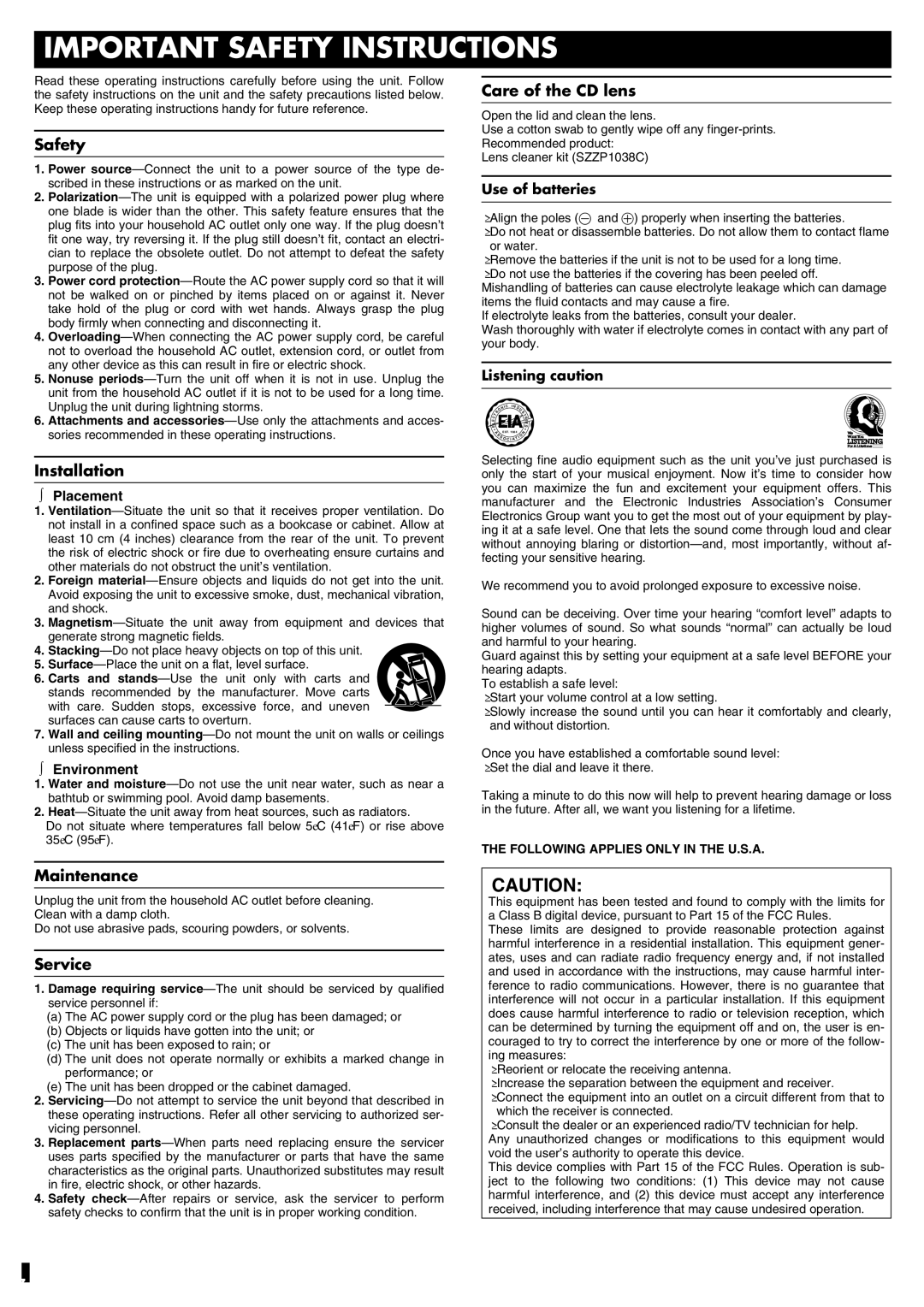 Panasonic RC-CD600 operating instructions Safety, Installation, Care of the CD lens, Maintenance, Service 