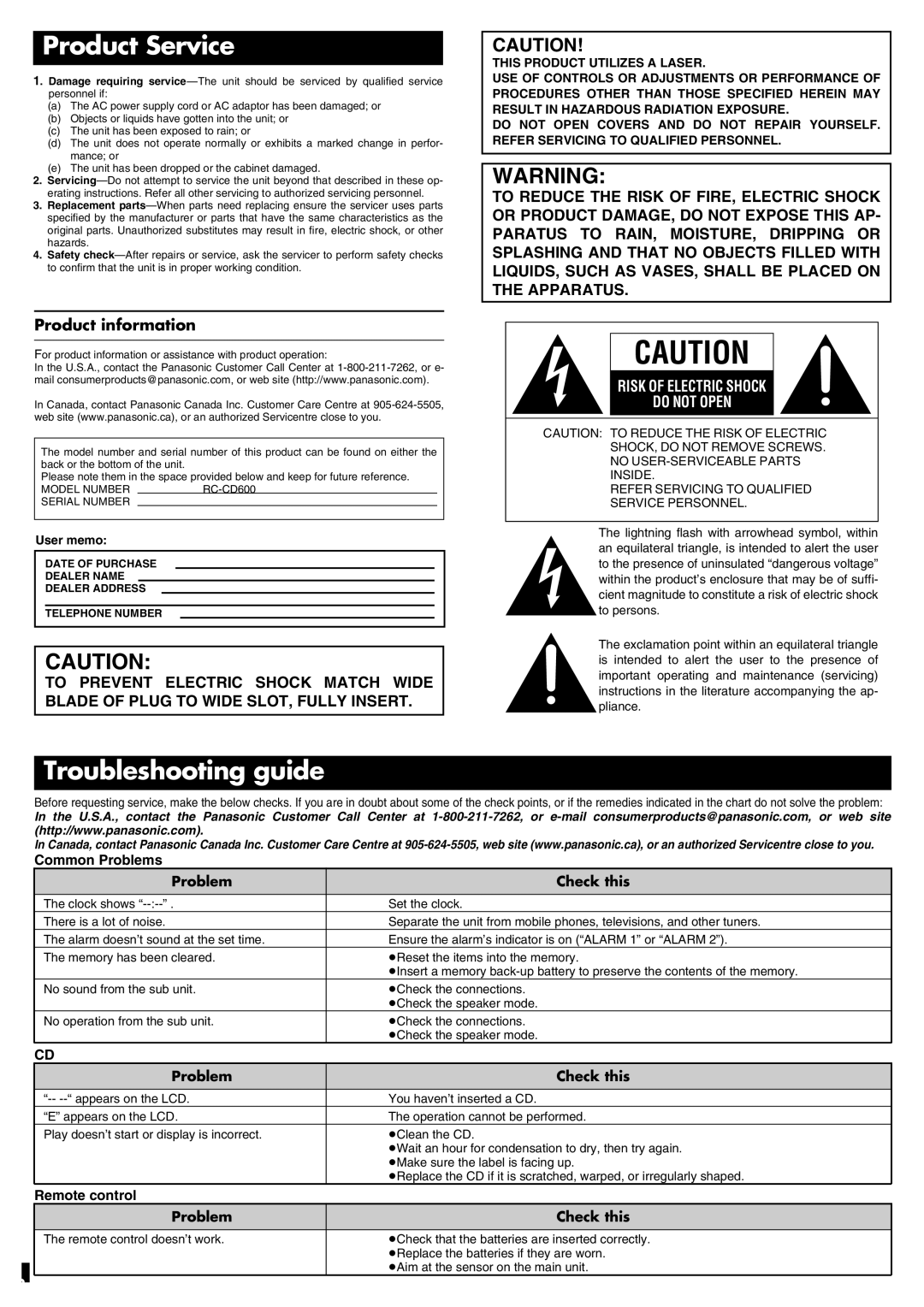 Panasonic RC-CD600 Product information, Common Problems Check this, Remote control Problem Check this, User memo 