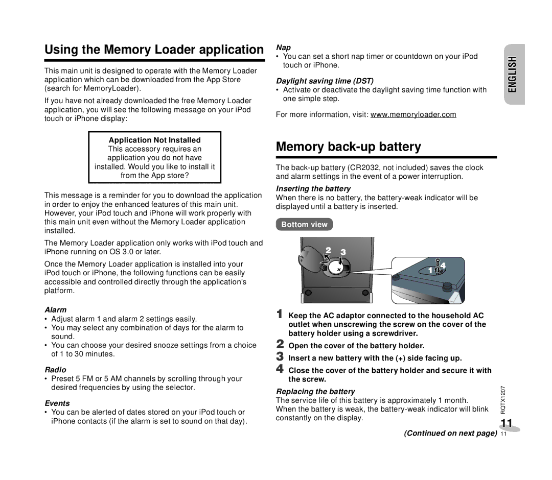 Panasonic RC-DC1 operating instructions Using the Memory Loader application, Memory back-up battery 