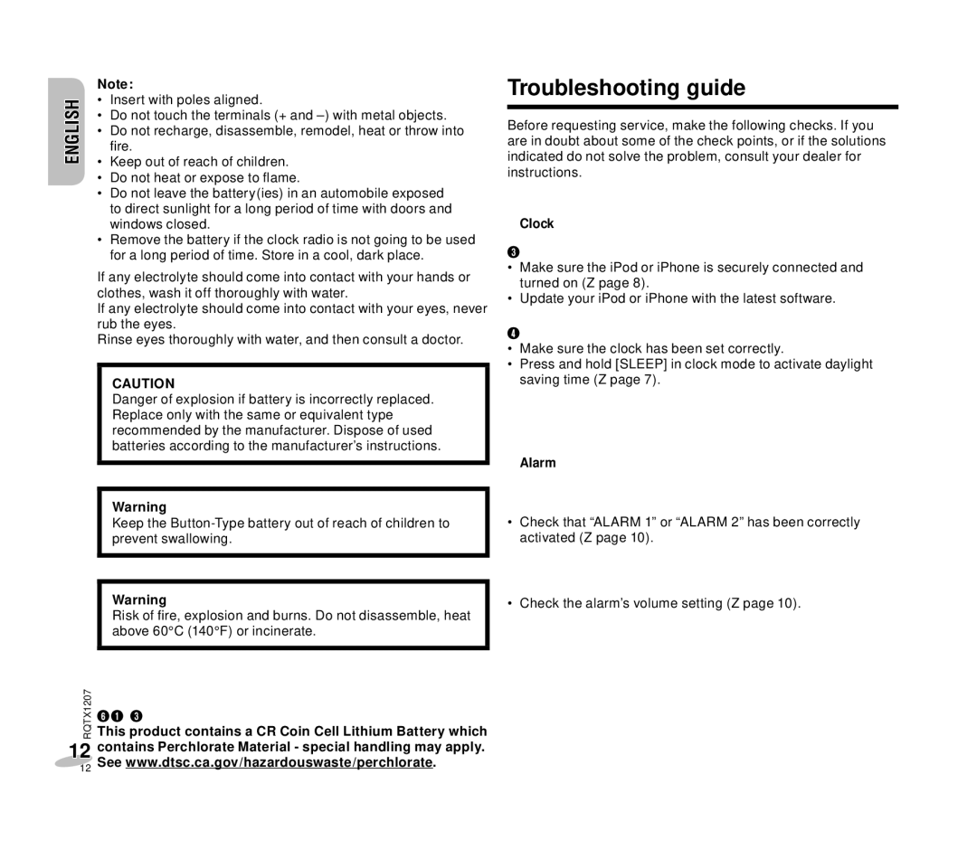 Panasonic RC-DC1 Troubleshooting guide, Clock cannot be synchronized to iPod or iPhone’s time, For USA-California only 