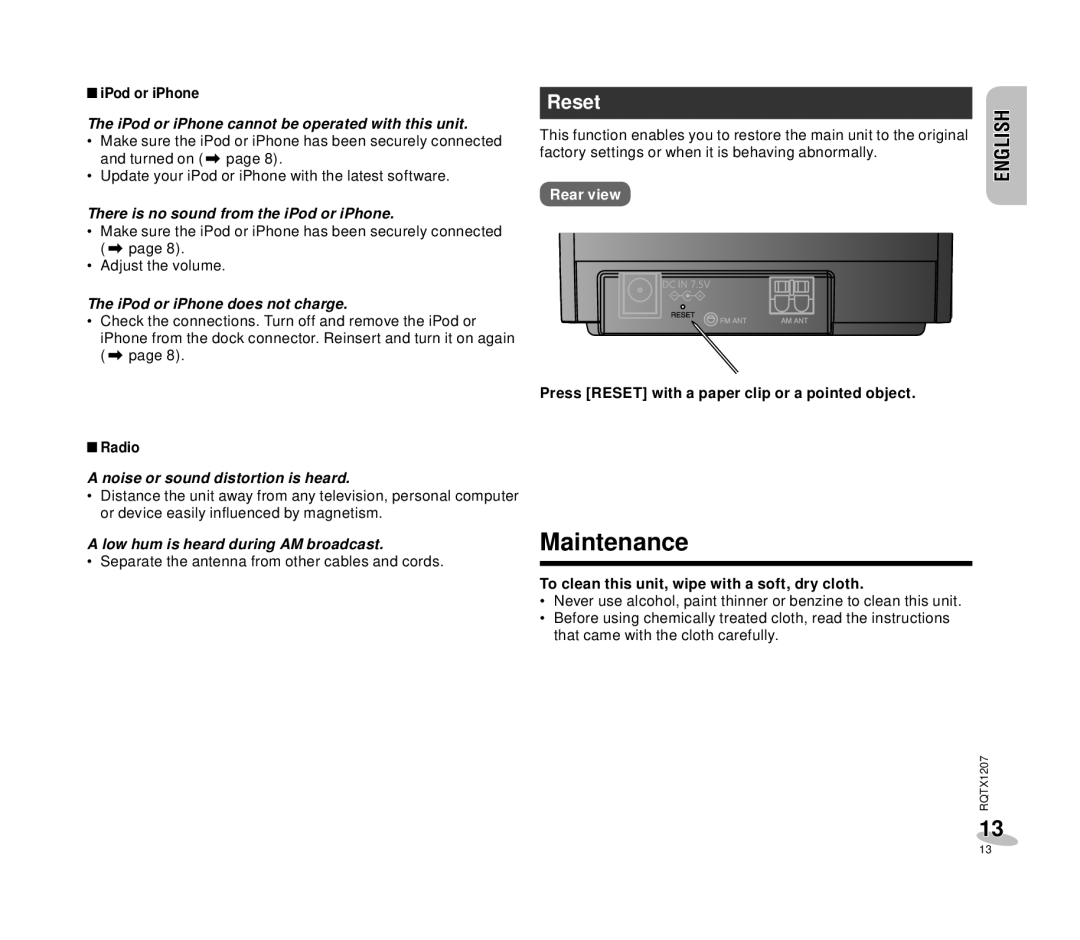 Panasonic RC-DC1 operating instructions Maintenance, Reset, English English English 