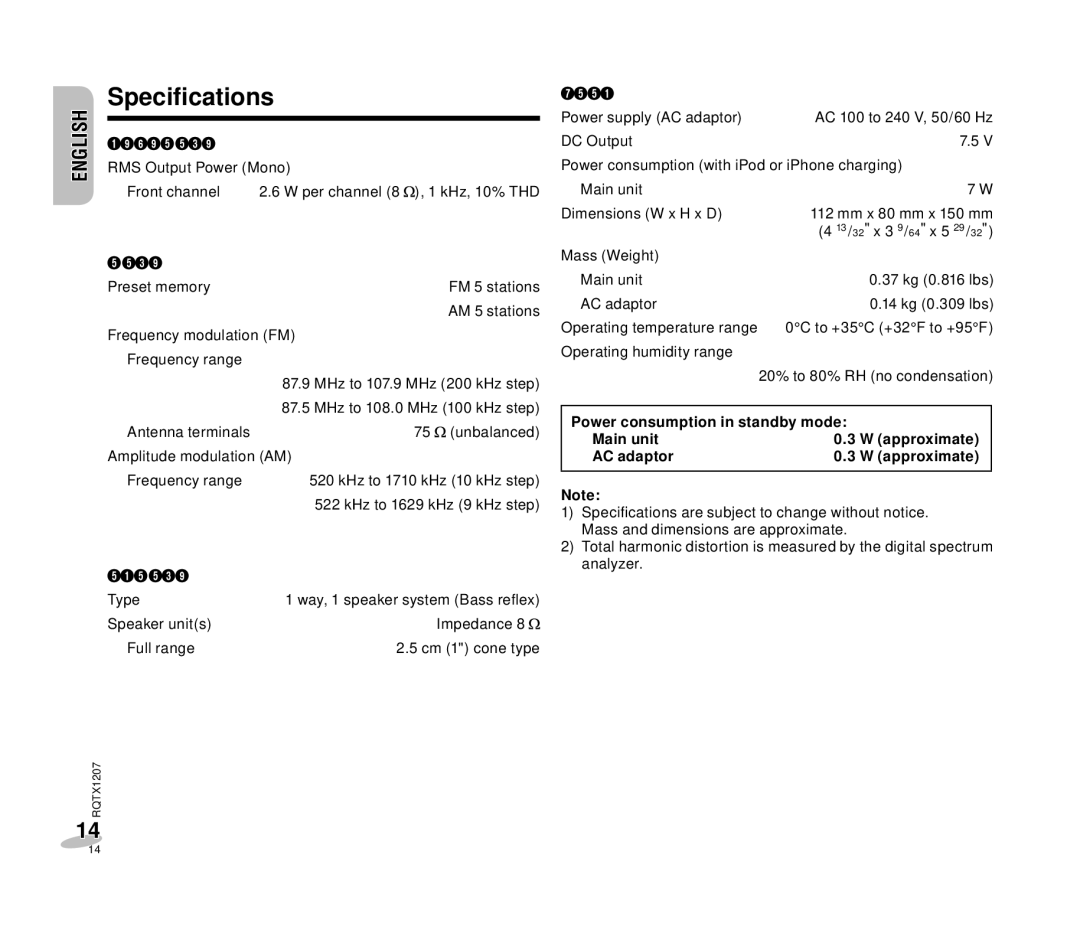 Panasonic RC-DC1 operating instructions Speciﬁcations, Power consumption in standby mode, Main unit Approximate AC adaptor 