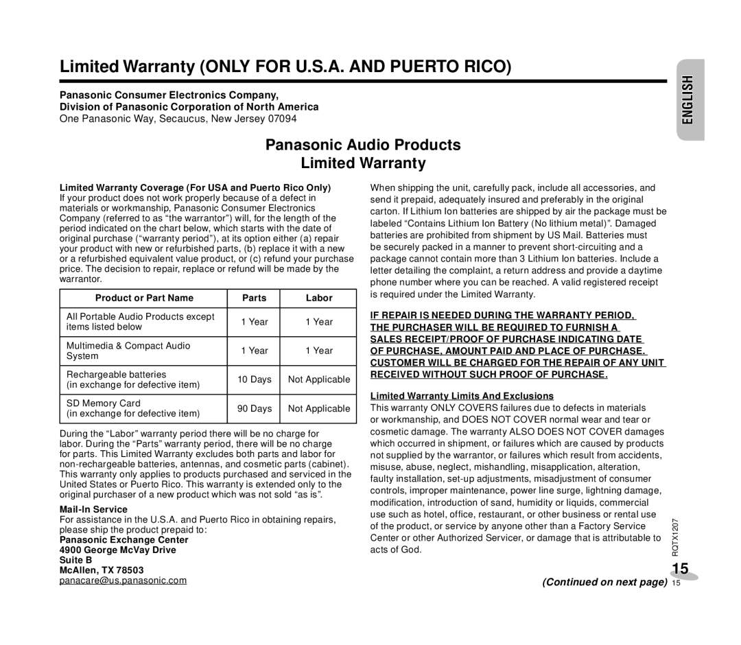 Panasonic RC-DC1 Limited Warranty only for U.S.A. and Puerto Rico, Panasonic Audio Products Limited Warranty 