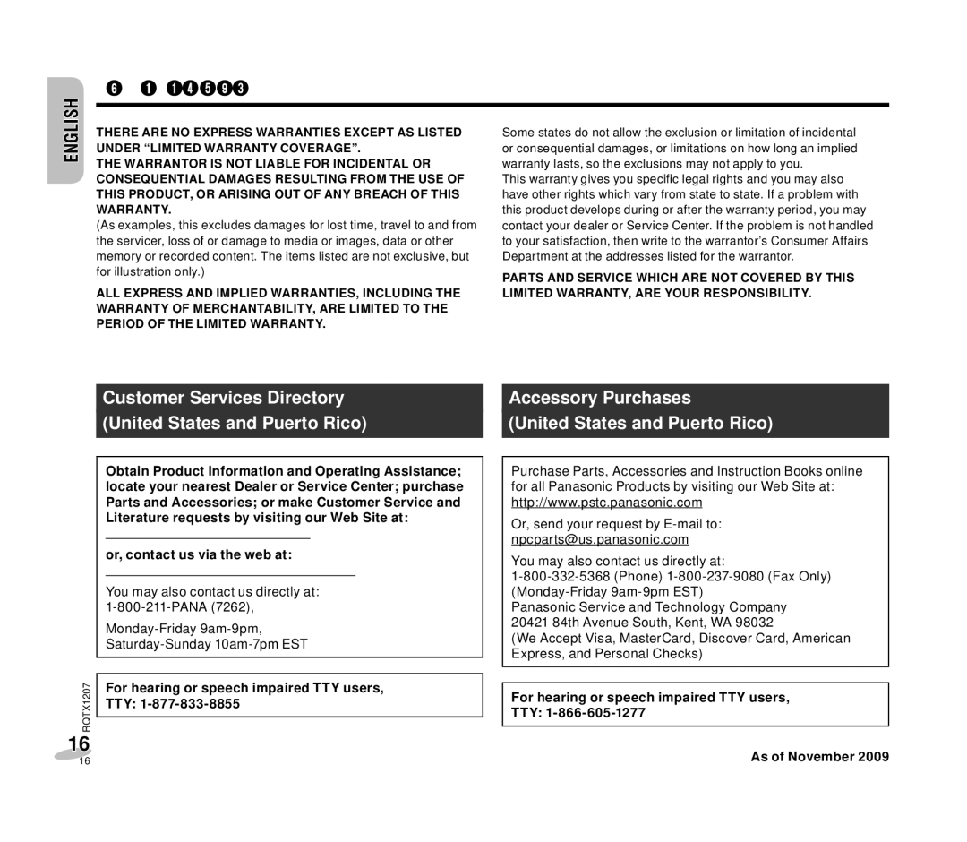 Panasonic RC-DC1 operating instructions For hearing or speech impaired TTY users, TTY 