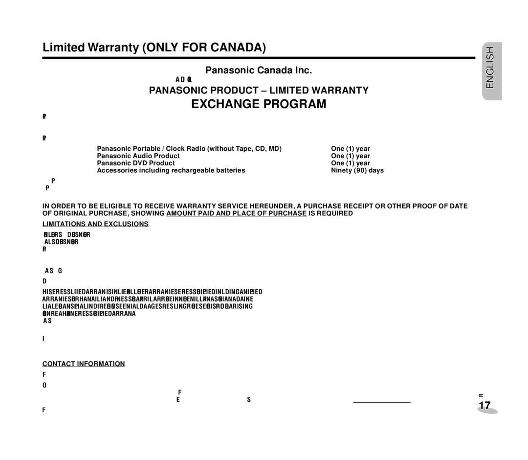 Panasonic RC-DC1 operating instructions Limited Warranty only for Canada, Exchange Program 