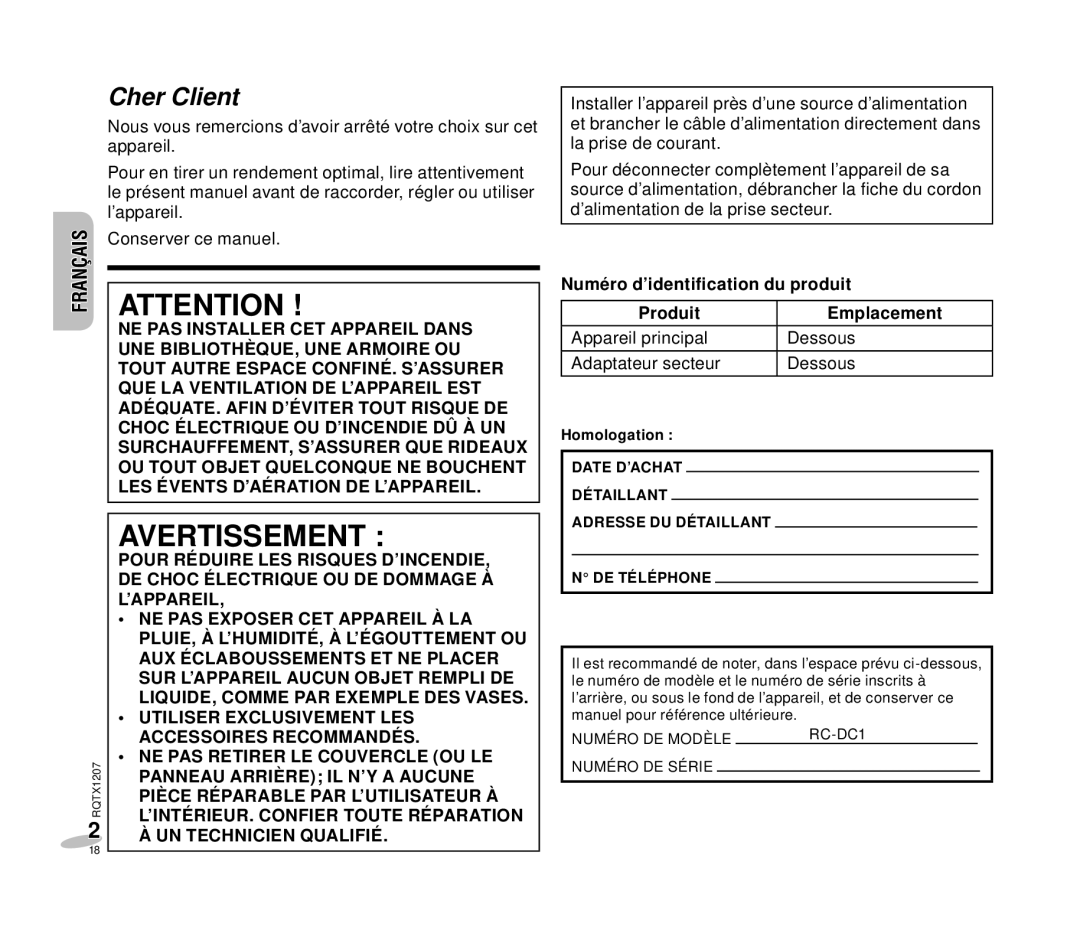 Panasonic RC-DC1 operating instructions English, Homologation, Date D’ACHAT Détaillant Adresse DU Détaillant DE Téléphone 