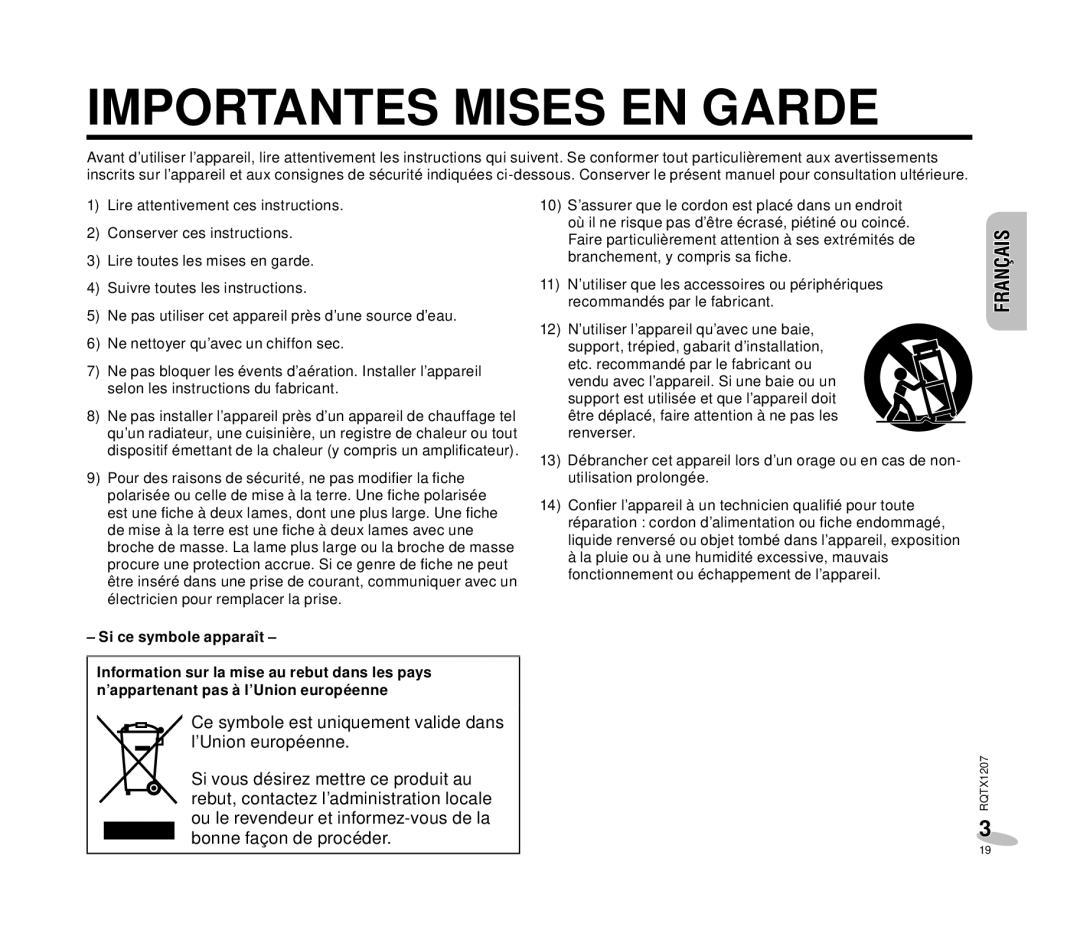 Panasonic RC-DC1 operating instructions Importantes Mises EN Garde, Français Français 