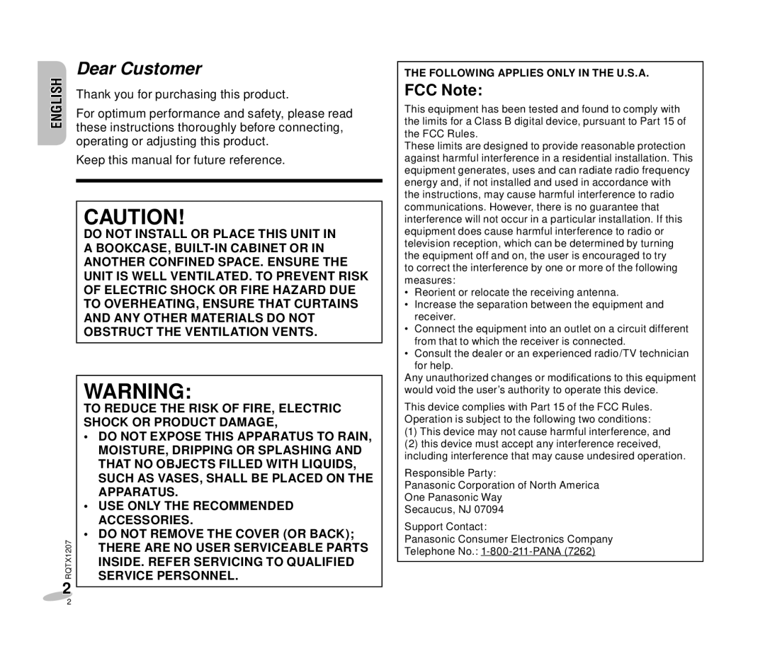 Panasonic RC-DC1 operating instructions Dear Customer, Following Applies only in the U.S.A 