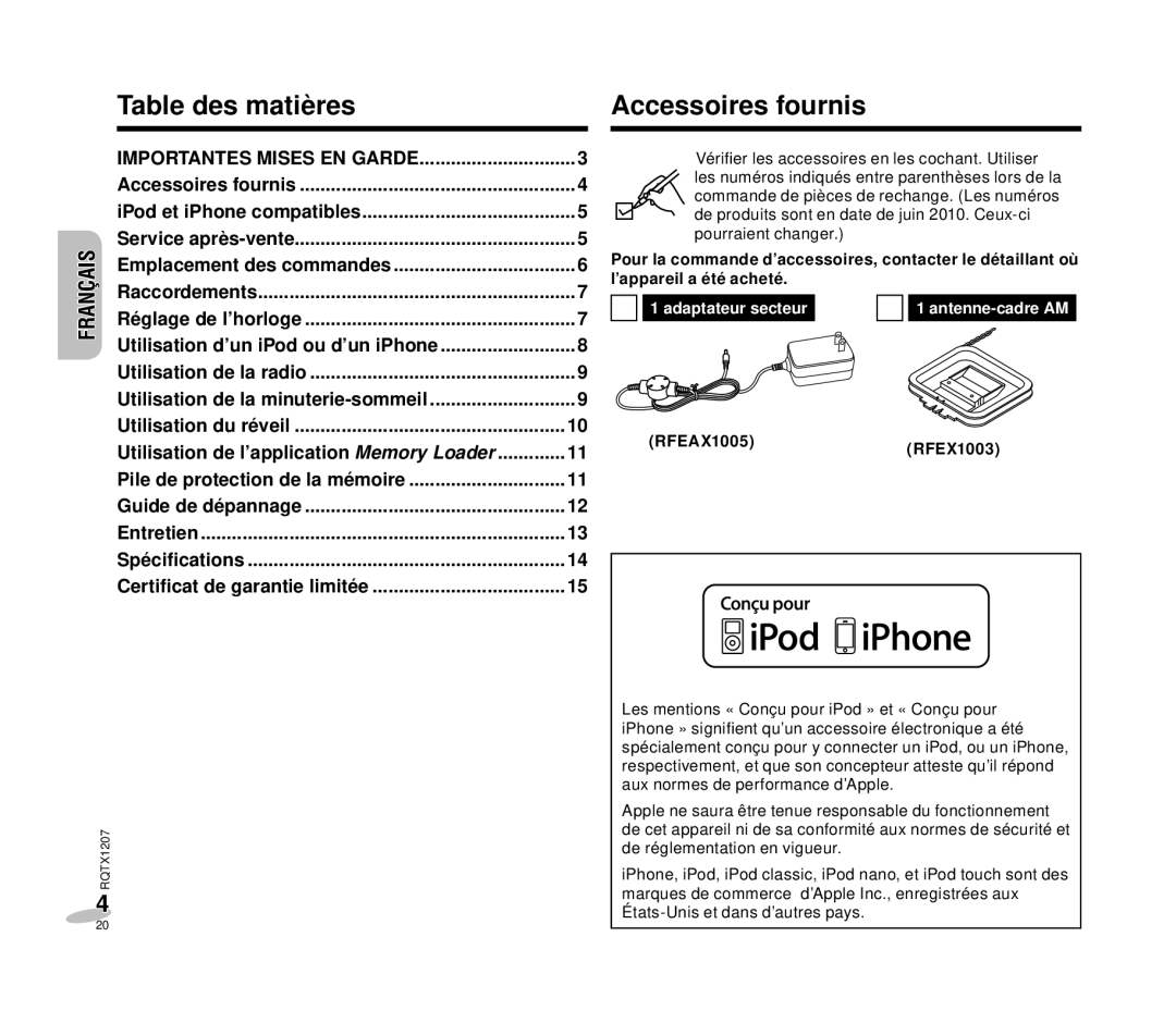 Panasonic RC-DC1 operating instructions Table des matières, Accessoires fournis 